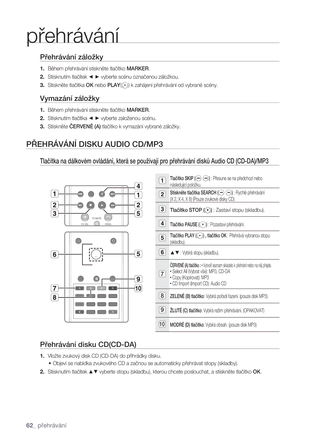 Samsung DVD-SH875/EDC manual Přehrávání Disku Audio CD/MP3, Přehrávání záložky, Vymazání záložky, Přehrávání disku CDCD-DA 