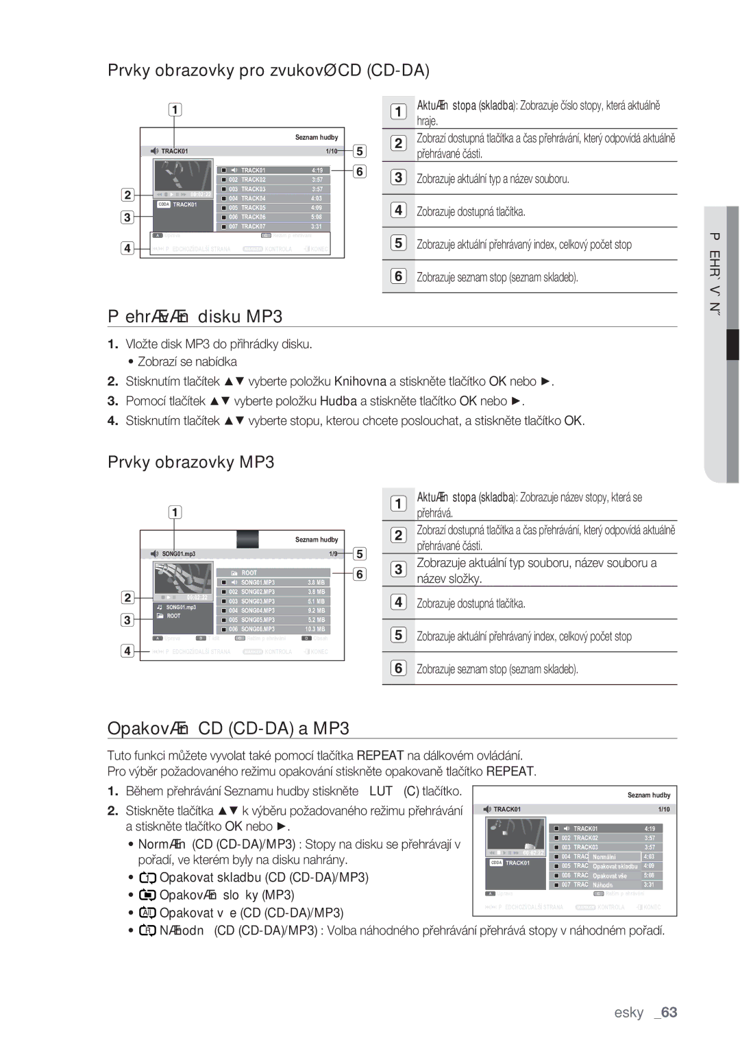 Samsung DVD-SH873/EDC, DVD-SH877/EDC manual Přehrávání disku MP3, Prvky obrazovky pro zvukové CD CD-DA, Prvky obrazovky MP3 