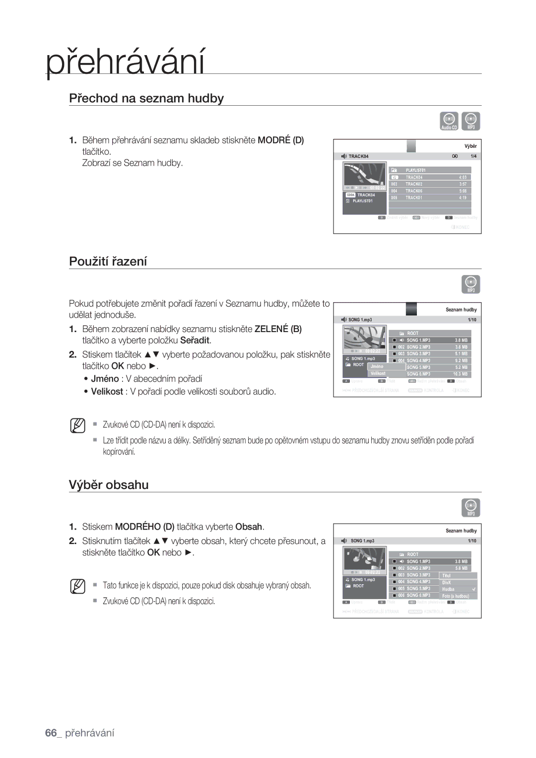 Samsung DVD-SH873/EDC manual Přechod na seznam hudby, Použití řazení, Výběr obsahu,  Zvukové CD CD-DA není k dispozici 