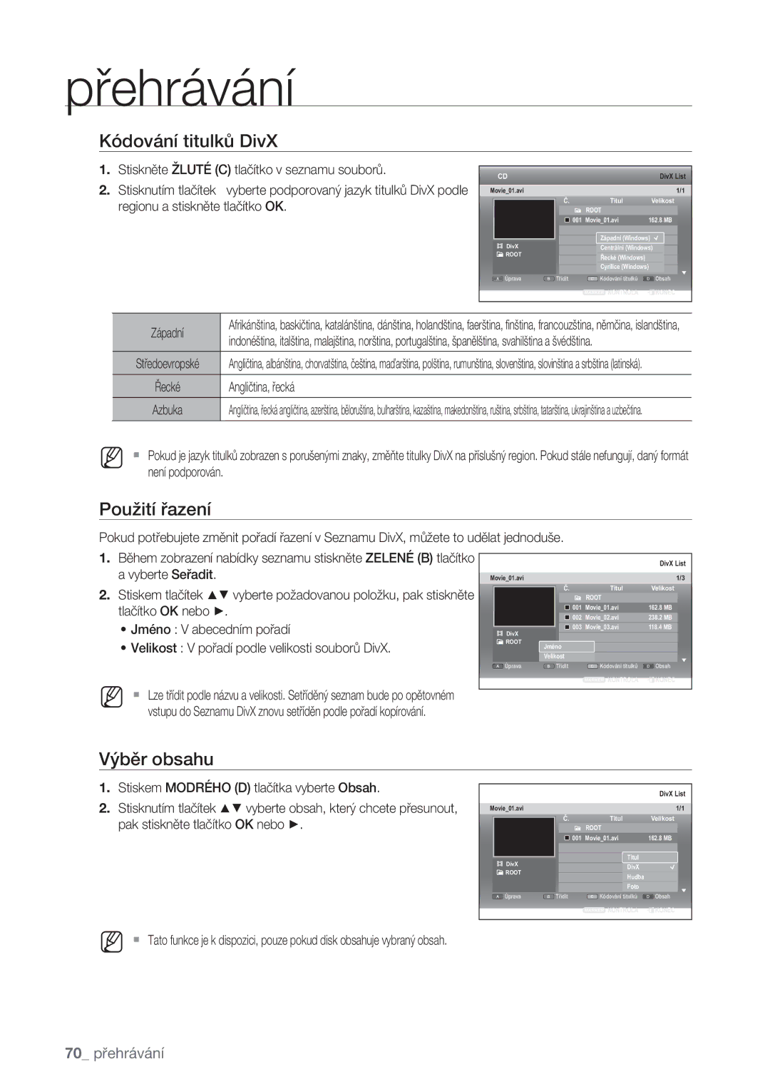 Samsung DVD-SH877/EDC, DVD-SH873/EDC, DVD-SH875/EDC manual Kódování titulků DivX, Západní, Angličtina, řecká 