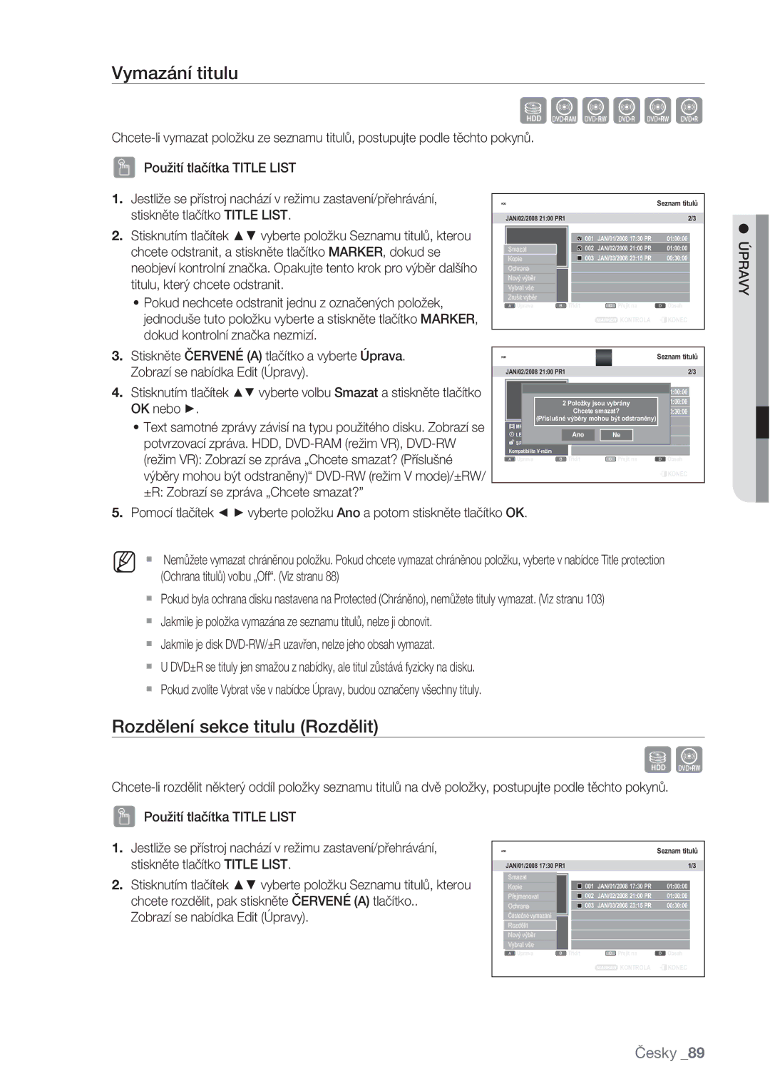 Samsung DVD-SH875/EDC, DVD-SH873/EDC, DVD-SH877/EDC manual Vymazání titulu, Rozdělení sekce titulu Rozdělit 