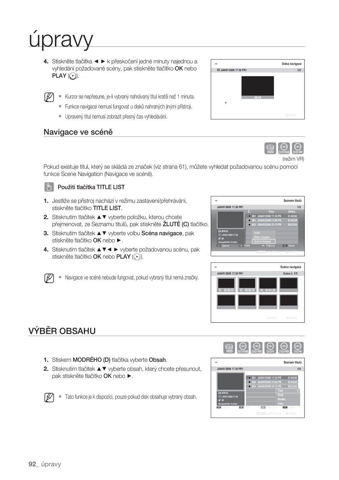 Samsung DVD-SH875/EDC, DVD-SH873/EDC, DVD-SH877/EDC manual Výběr Obsahu, Navigace ve scéně 