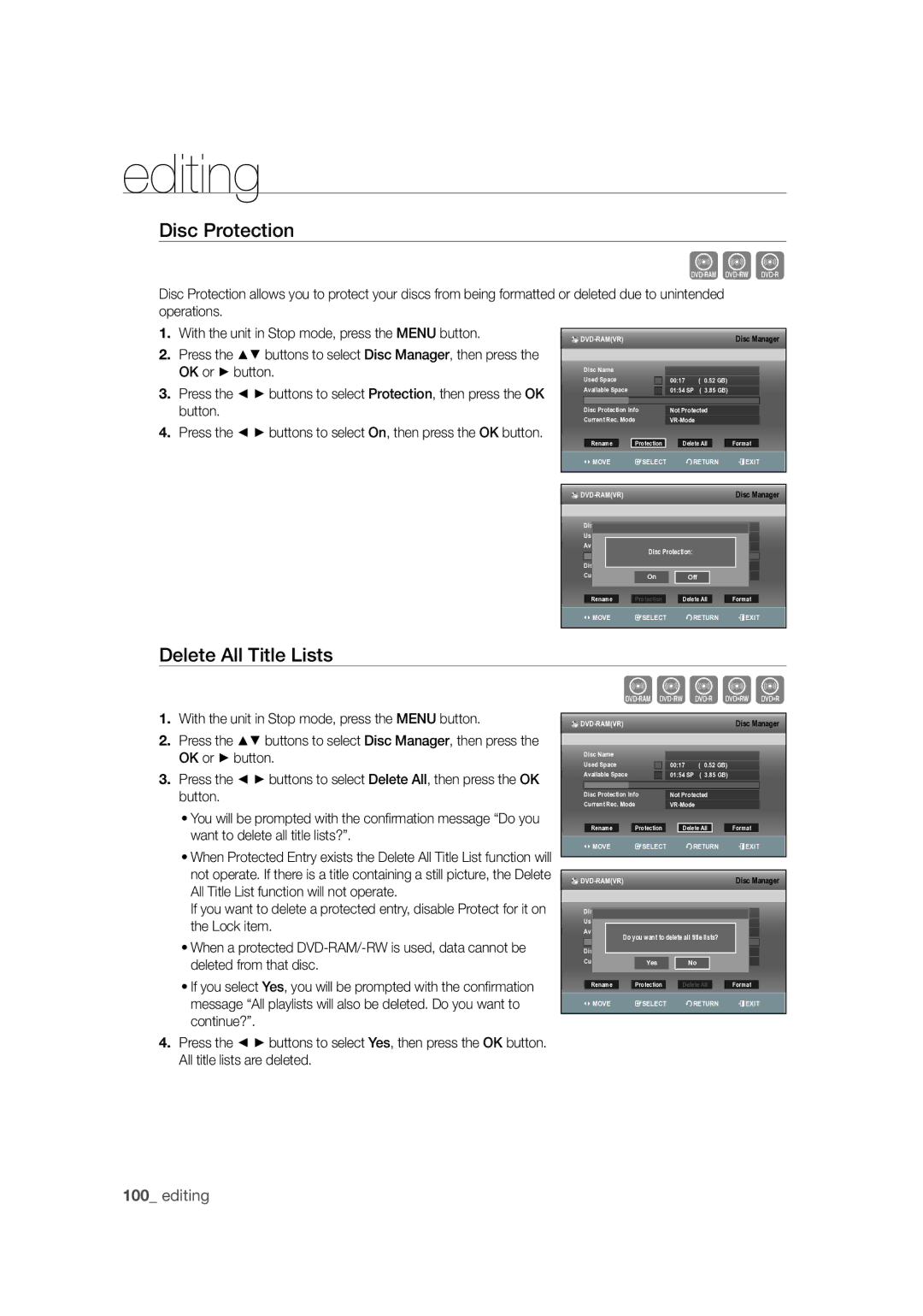 Samsung DVD-SH873M/XEU manual Xcv, Disc Protection, Delete All Title Lists 