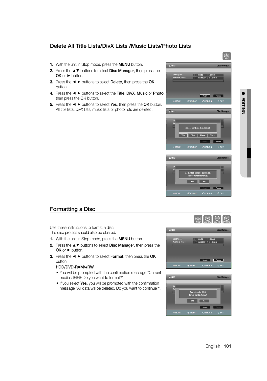 Samsung DVD-SH873M/XEU Delete All Title Lists/DivX Lists /Music Lists/Photo Lists, Formatting a Disc, Hdd/Dvd-Ram/+Rw 