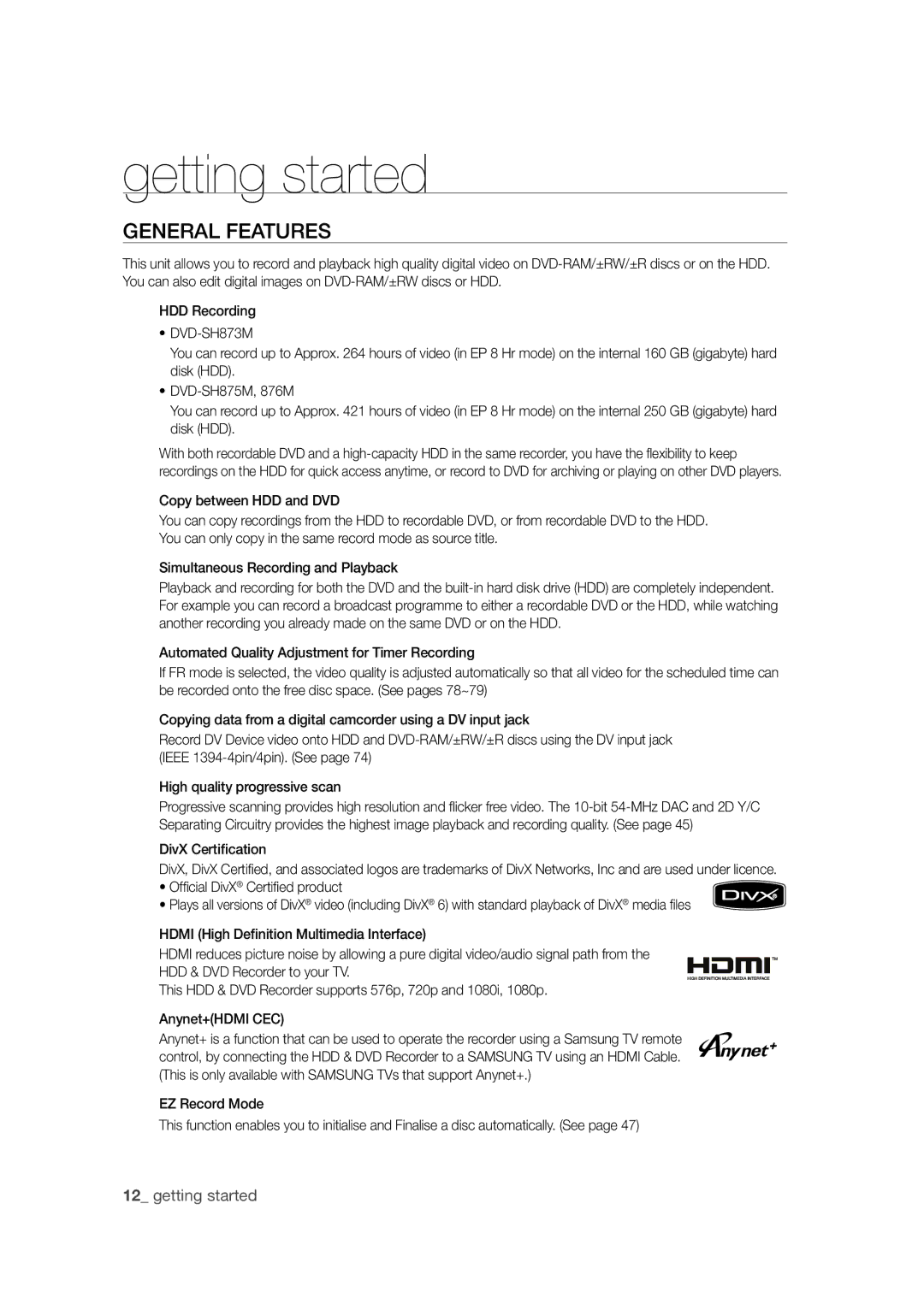 Samsung DVD-SH873M/XEU manual General Features, DivX Certiﬁcation 