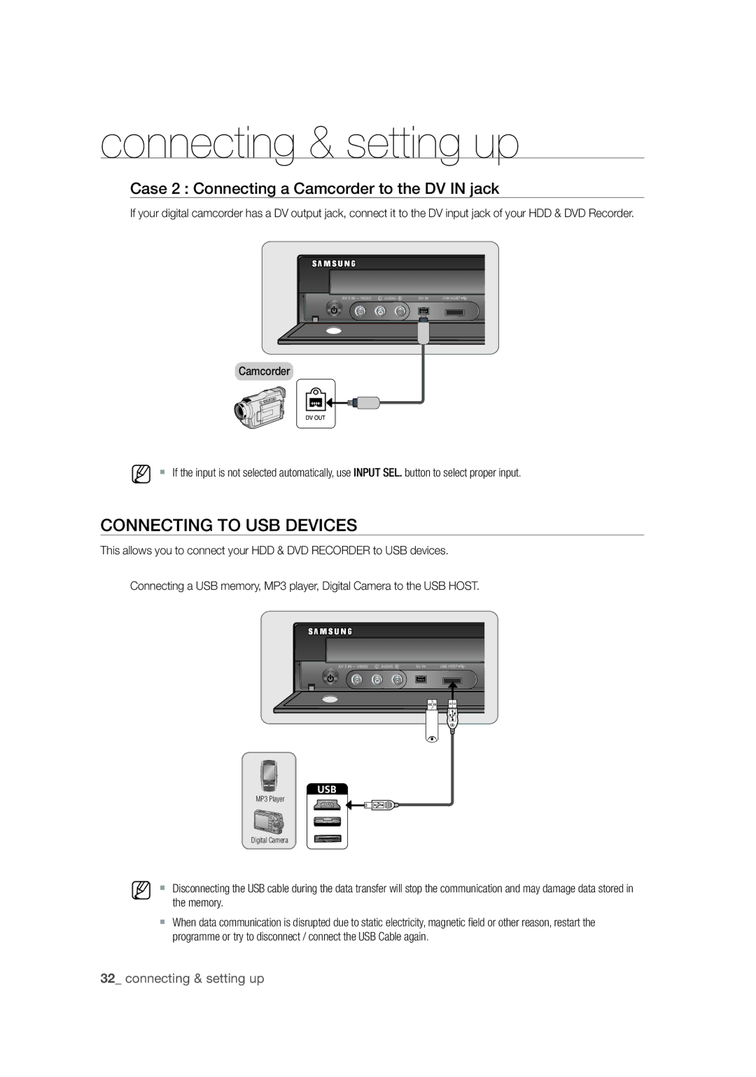 Samsung DVD-SH873M/XEU manual Connecting to USB Devices, Case 2 Connecting a Camcorder to the DV in jack 