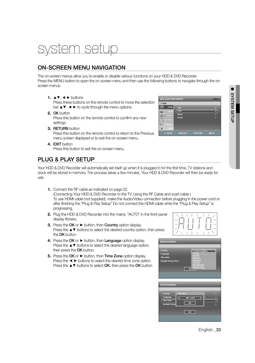 Samsung DVD-SH873M/XEU manual ON-SCREEN Menu Navigation, Plug & Play Setup 