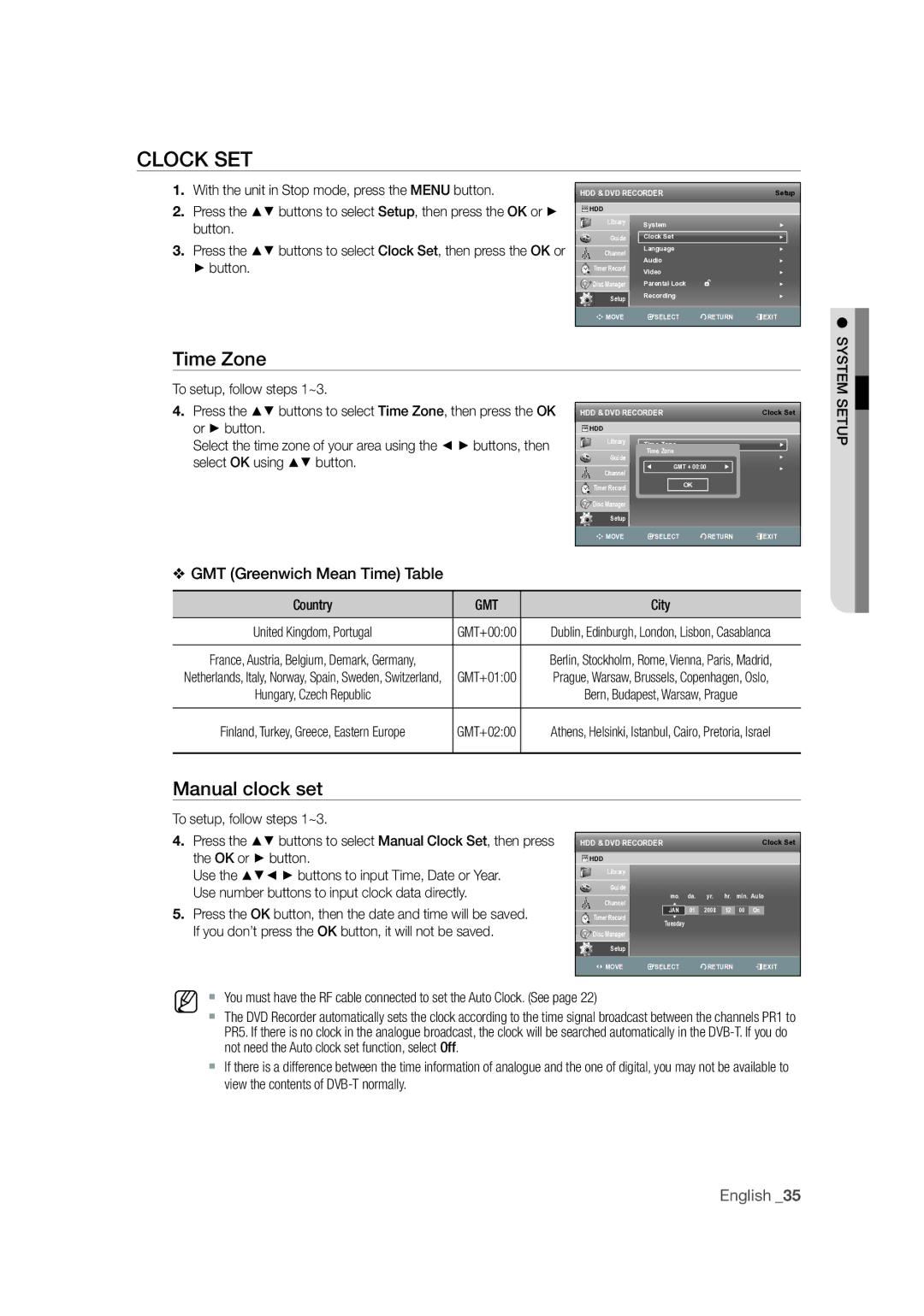 Samsung DVD-SH873M/XEU manual Clock SET, Time Zone, Manual clock set, Setup, GMT+0200 