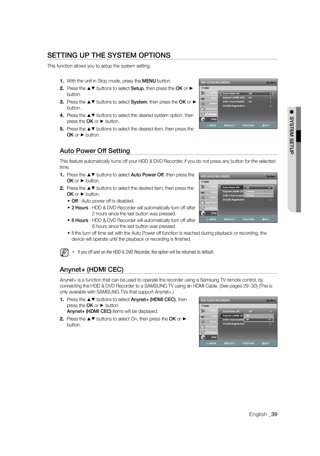 Samsung DVD-SH873M/XEU manual Setting UP the System Options, Auto Power Off Setting, Anynet+ Hdmi CEC 