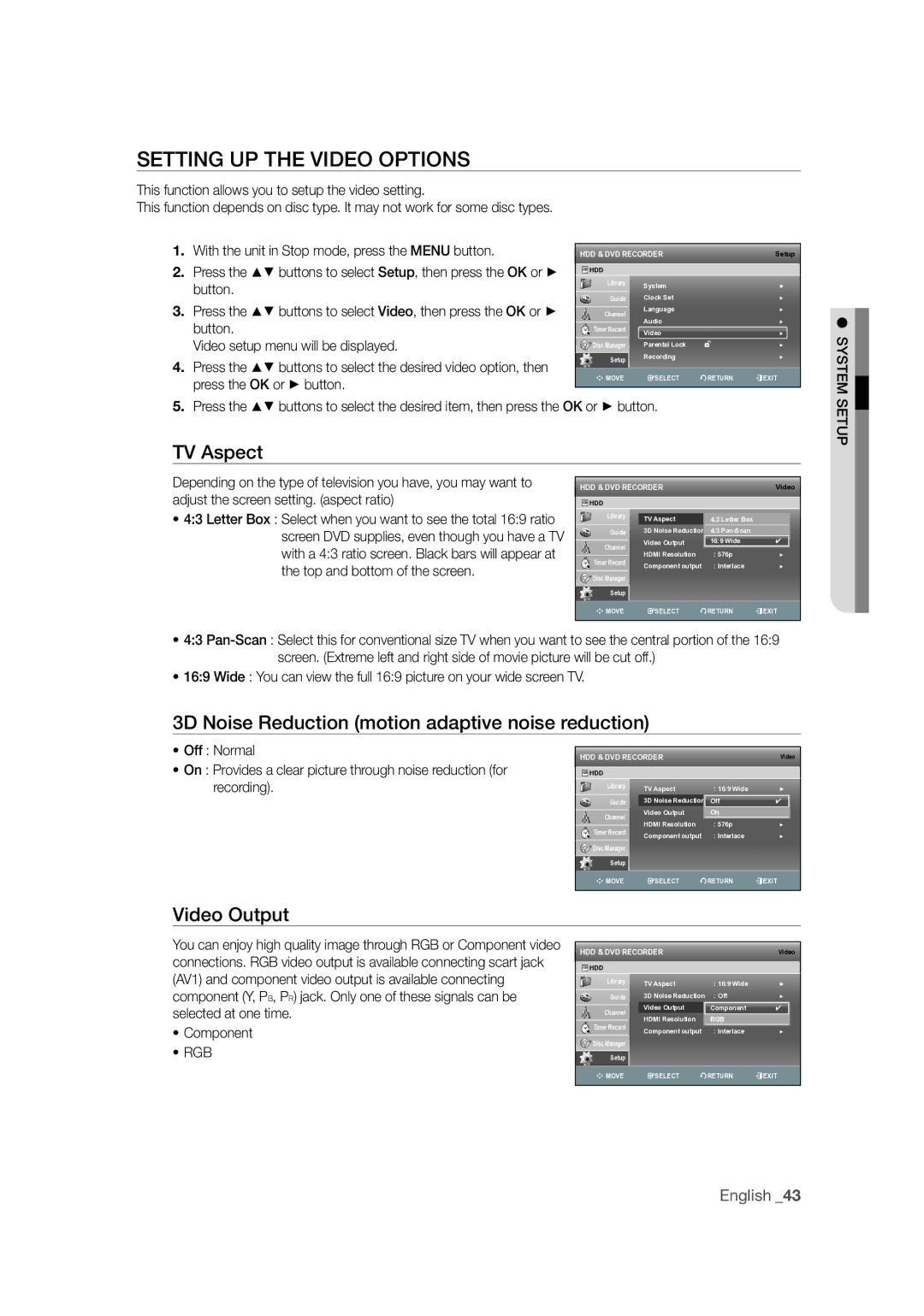 Samsung DVD-SH873M/XEU Setting UP the Video Options, 3D Noise Reduction motion adaptive noise reduction, Video Output, Rgb 