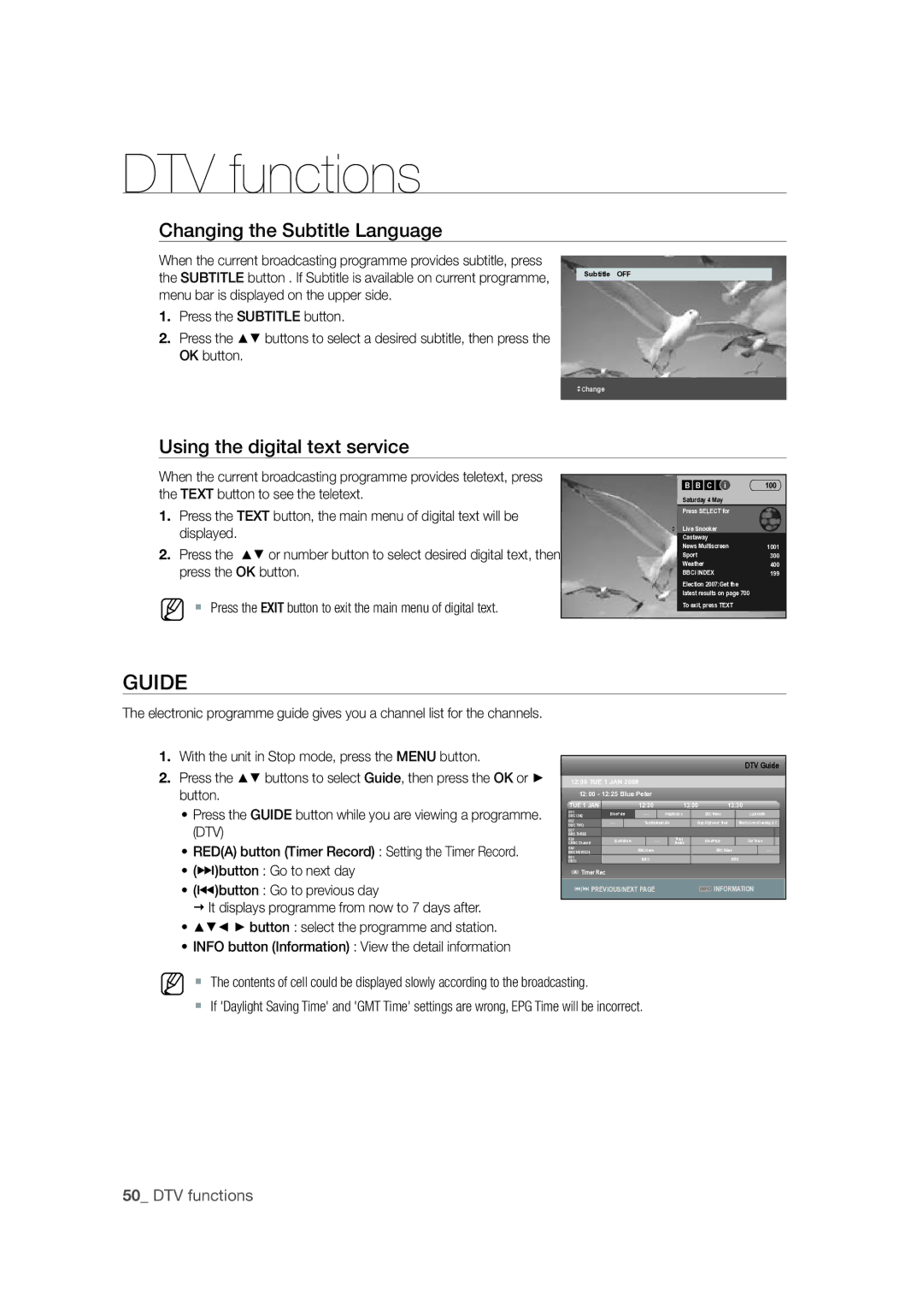 Samsung DVD-SH873M/XEU manual Guide, Changing the Subtitle Language, Using the digital text service 