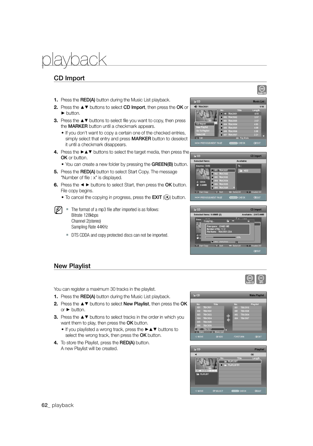 Samsung DVD-SH873M/XEU manual CD Import, New Playlist 