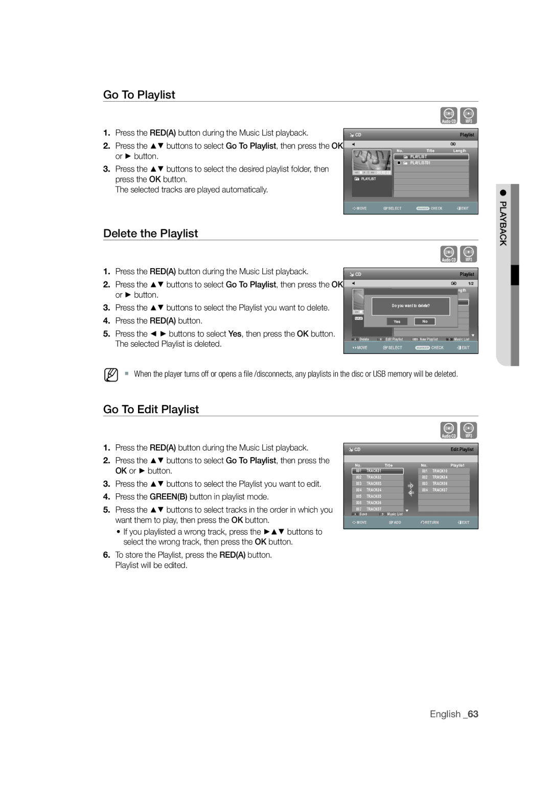 Samsung DVD-SH873M/XEU Go To Playlist, Delete the Playlist, Go To Edit Playlist, Press the Greenb button in playlist mode 