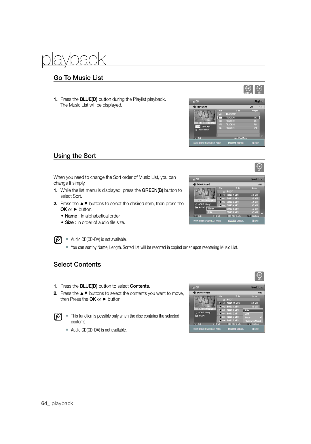 Samsung DVD-SH873M/XEU manual Go To Music List, Using the Sort, Select Contents 