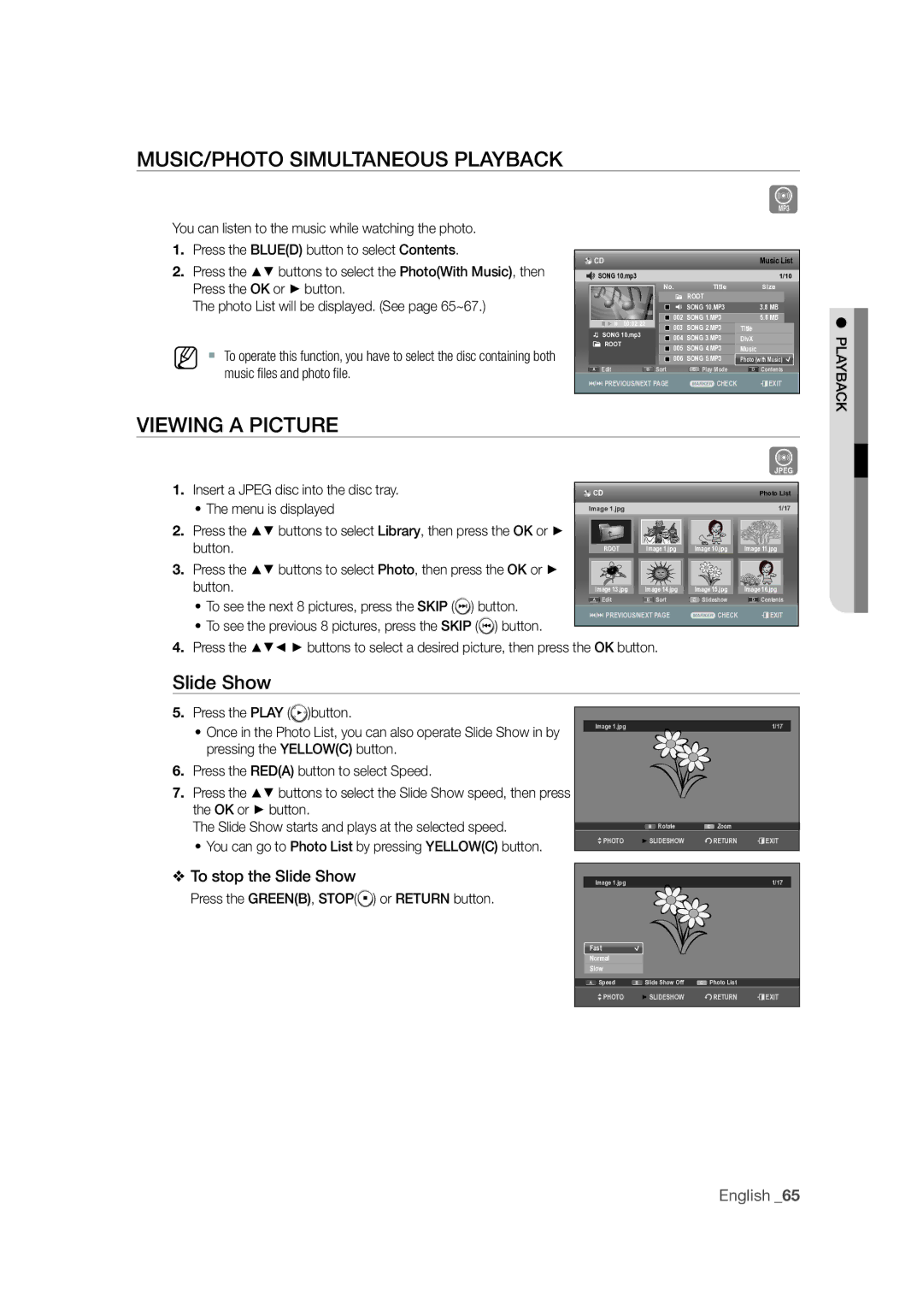 Samsung DVD-SH873M/XEU manual MUSIC/PHOTO Simultaneous Playback, Viewing a Picture, Slide Show 