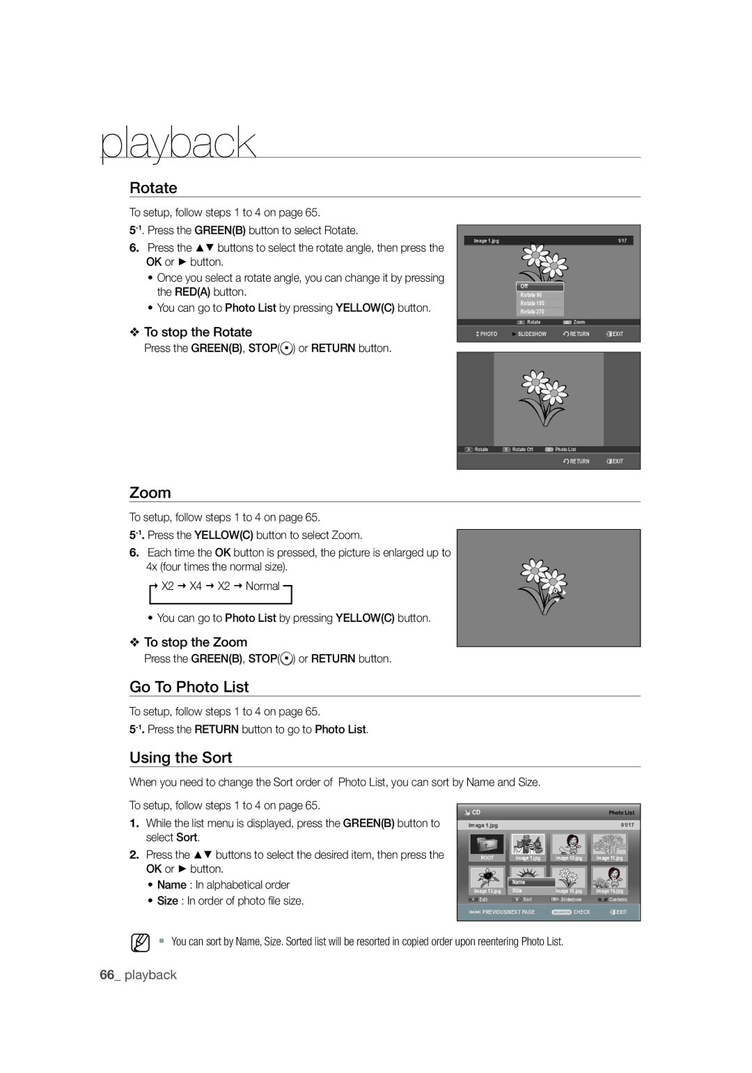 Samsung DVD-SH873M/XEU manual Rotate, Zoom, Go To Photo List, You can go to Photo List by pressing Yellowc button 