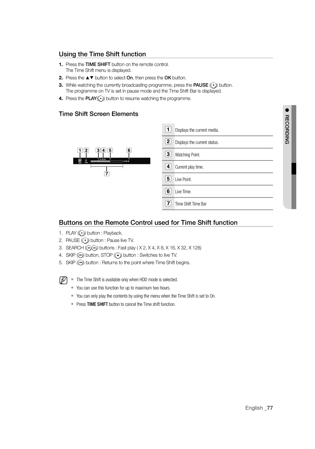 Samsung DVD-SH873M/XEU Using the Time Shift function, Time Shift Screen Elements, Live Point Live Time Time Shift Time Bar 