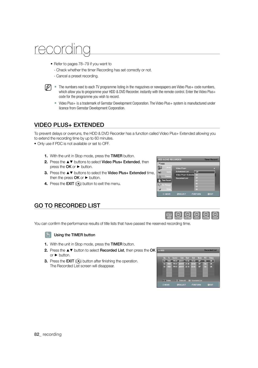 Samsung DVD-SH873M/XEU Video PLUS+ Extended, GO to Recorded List, Press the Exit button after ﬁ nishing the operation 