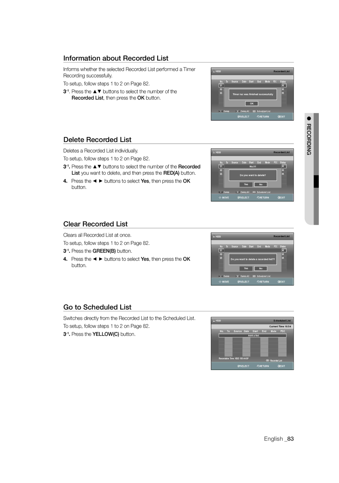 Samsung DVD-SH873M/XEU Information about Recorded List, Delete Recorded List, Clear Recorded List, Go to Scheduled List 