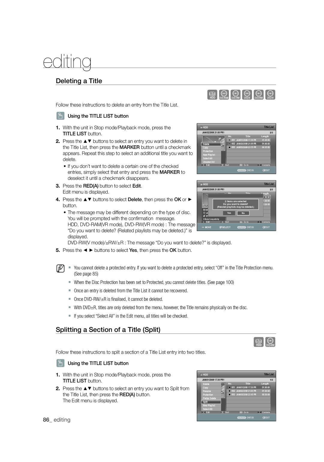 Samsung DVD-SH873M/XEU manual Deleting a Title, Splitting a Section of a Title Split 