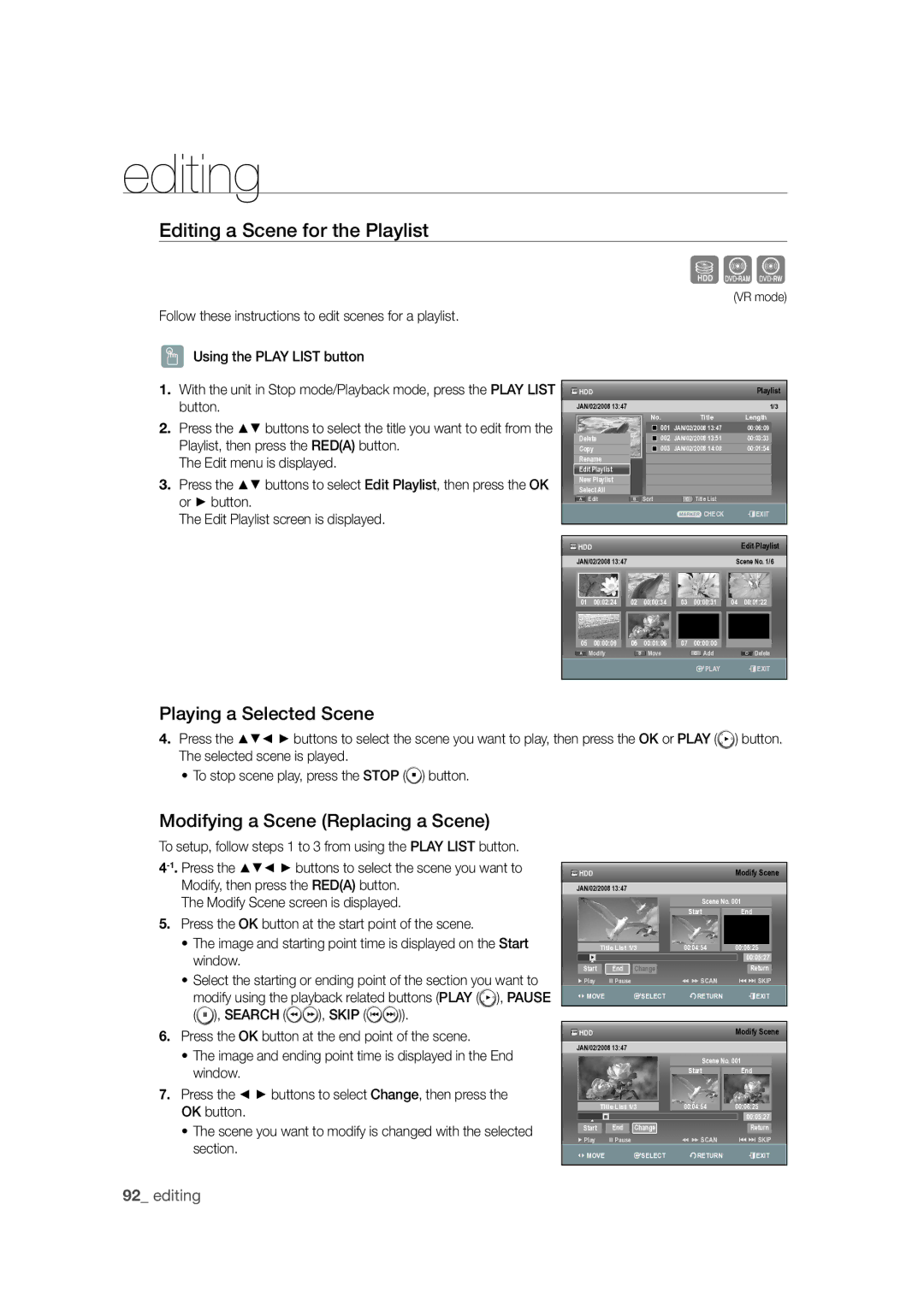 Samsung DVD-SH873M/XEU Editing a Scene for the Playlist, Playing a Selected Scene, Modifying a Scene Replacing a Scene 