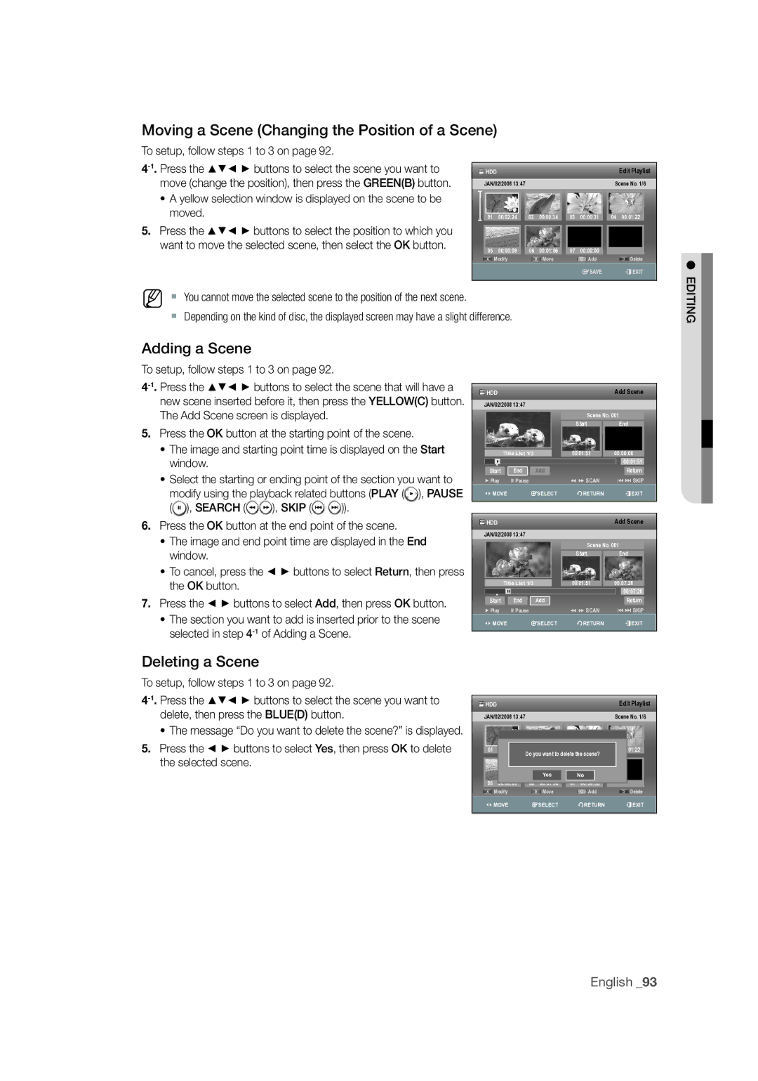 Samsung DVD-SH873M/XEU manual Moving a Scene Changing the Position of a Scene, Adding a Scene, Deleting a Scene 