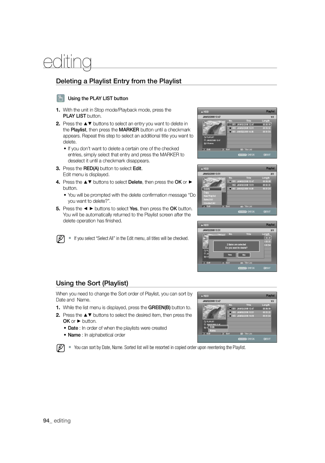 Samsung DVD-SH873M/XEU manual Deleting a Playlist Entry from the Playlist, Using the Sort Playlist 