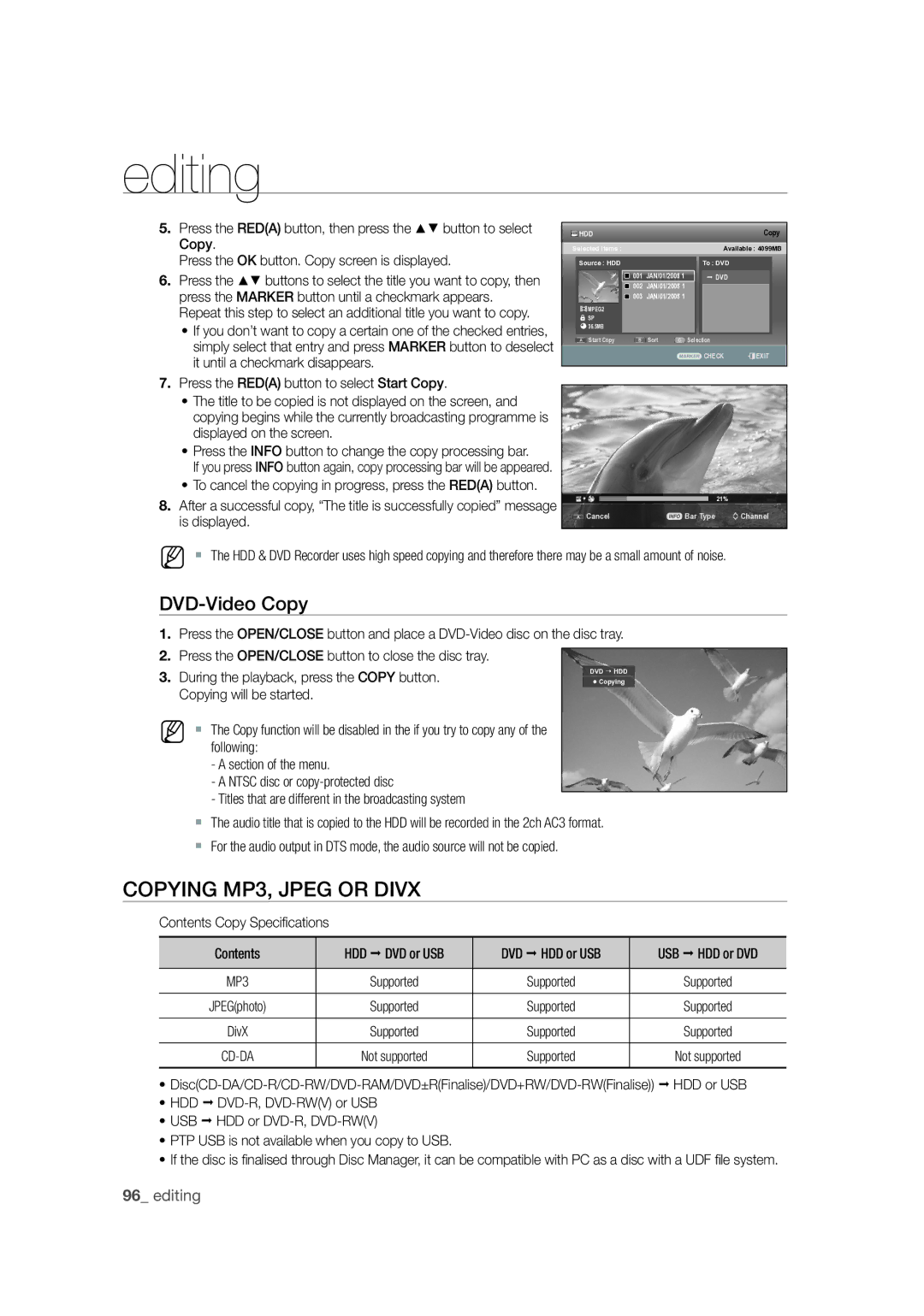 Samsung DVD-SH873M/XEU manual Copying MP3, Jpeg or Divx, DVD-Video Copy 