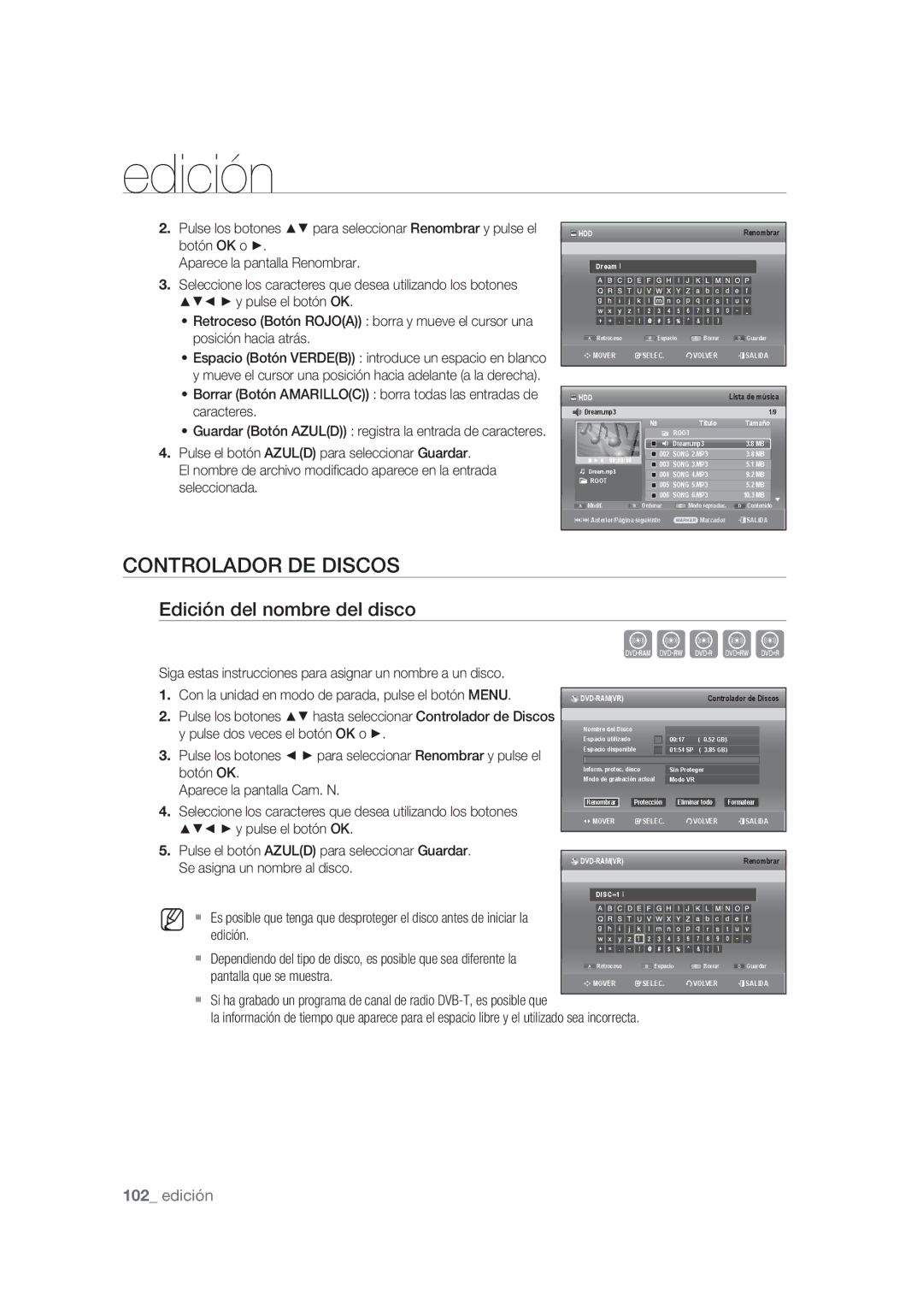 Samsung DVD-SH873/XEF, DVD-SH875/XEC, DVD-SH873/XEC manual Xcvkl, Controlador DE Discos, Edición del nombre del disco 