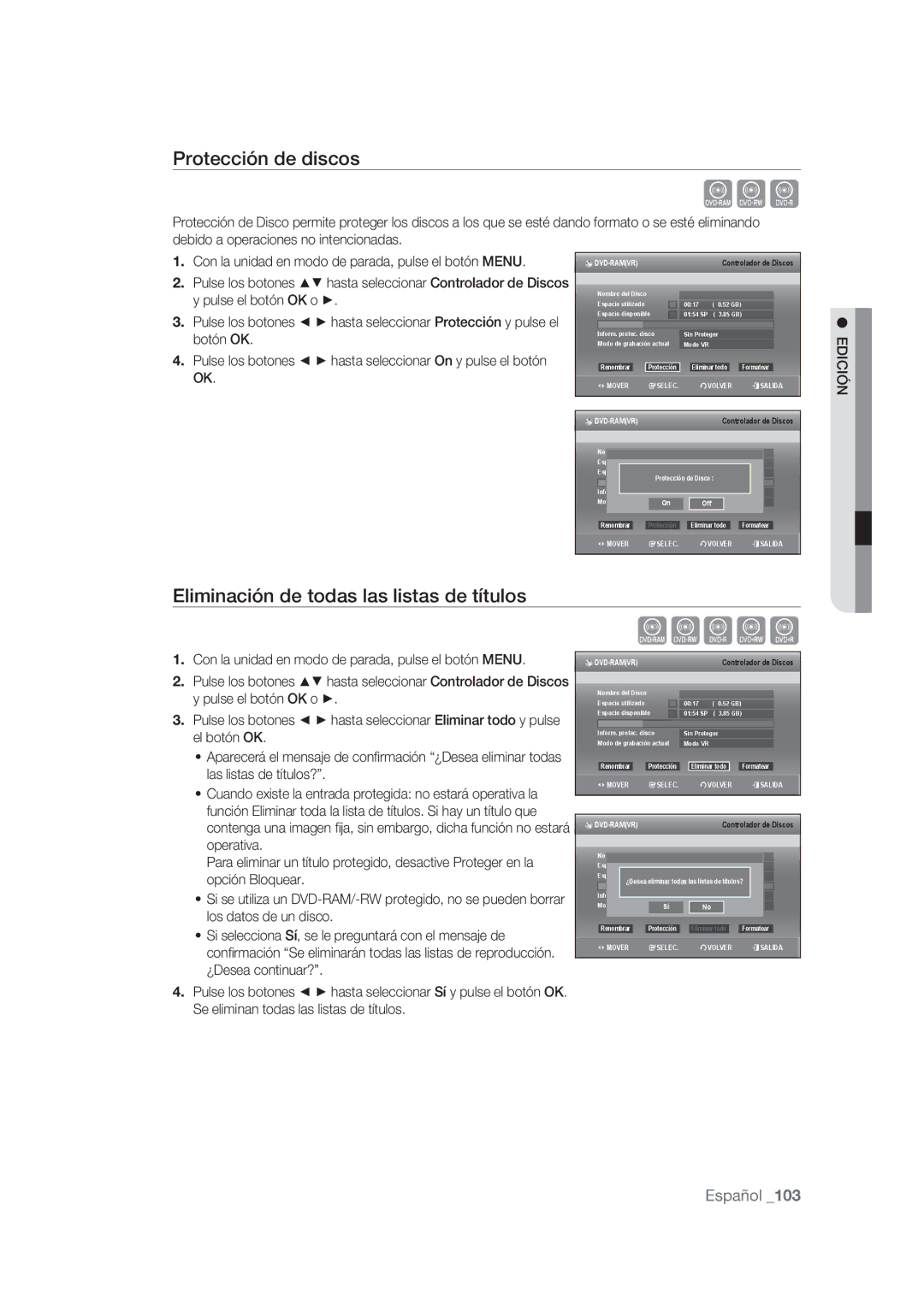 Samsung DVD-SH875/XEC, DVD-SH873/XEF, DVD-SH873/XEC Xcv, Protección de discos, Eliminación de todas las listas de títulos 