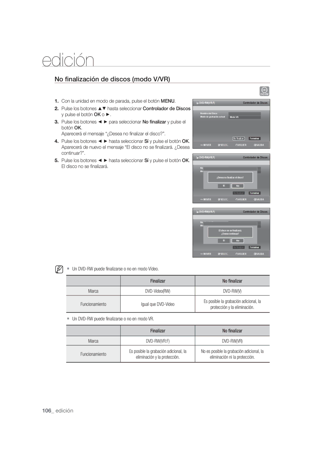 Samsung DVD-SH875/XEC, DVD-SH873/XEF, DVD-SH873/XEC manual No ﬁnalización de discos modo V/VR, Marca 