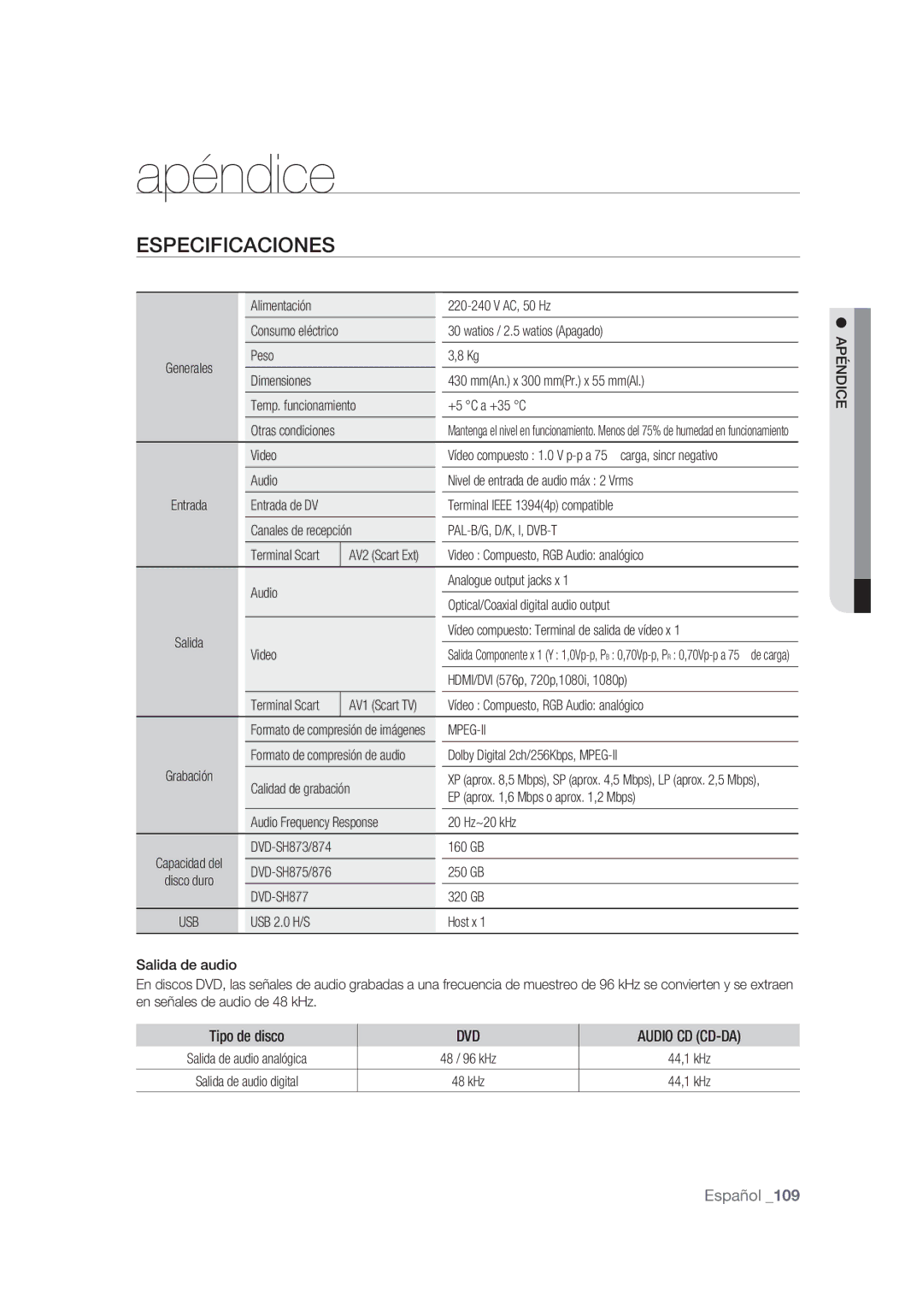 Samsung DVD-SH875/XEC, DVD-SH873/XEF, DVD-SH873/XEC Especificaciones, Pal-B/G, D/K, I, Dvb-T, Mpeg-Ii, DVD-SH877, Apéndice 