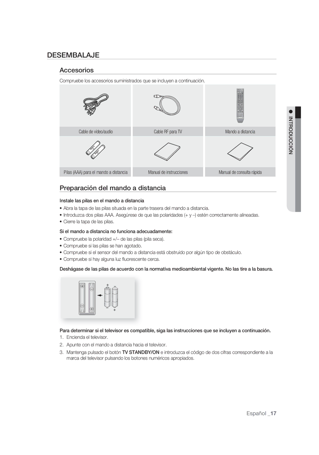 Samsung DVD-SH873/XEC, DVD-SH873/XEF, DVD-SH875/XEC manual Desembalaje, Accesorios, Preparación del mando a distancia 