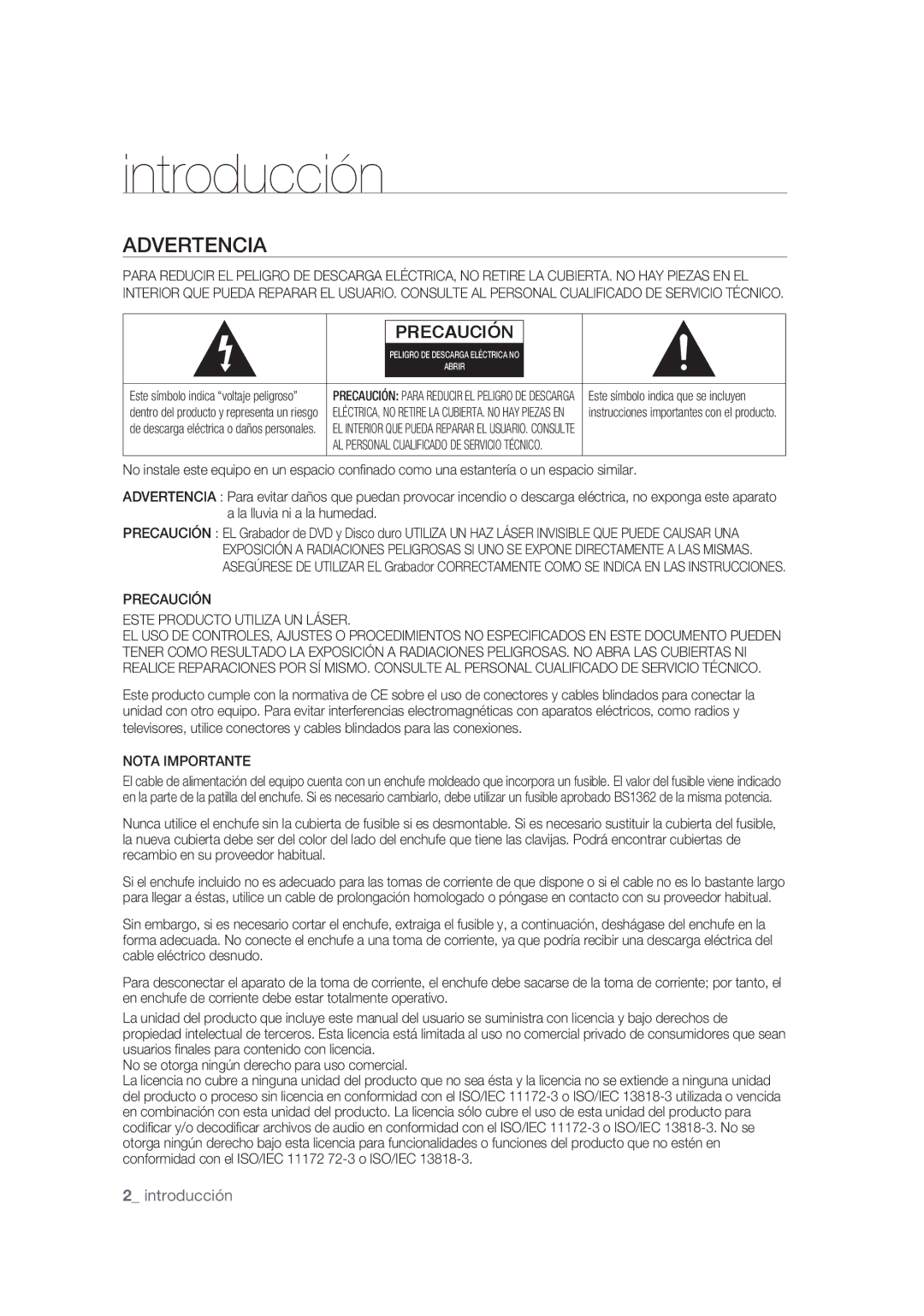 Samsung DVD-SH873/XEC, DVD-SH873/XEF, DVD-SH875/XEC Advertencia, Precaución Este Producto Utiliza UN Láser, Nota Importante 