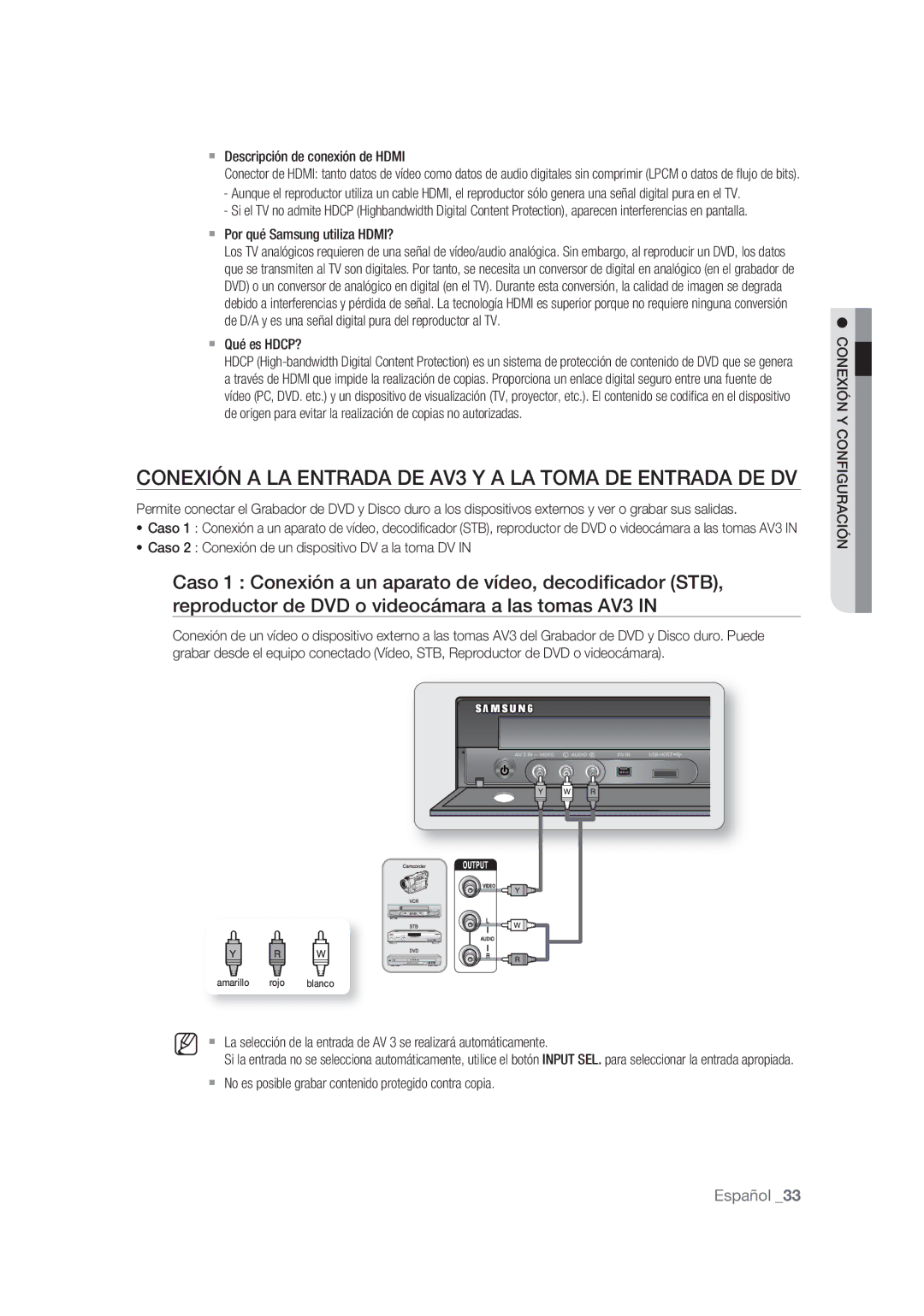 Samsung DVD-SH873/XEF, DVD-SH875/XEC, DVD-SH873/XEC manual Conexión a LA Entrada DE AV3 Y a LA Toma DE Entrada DE DV 