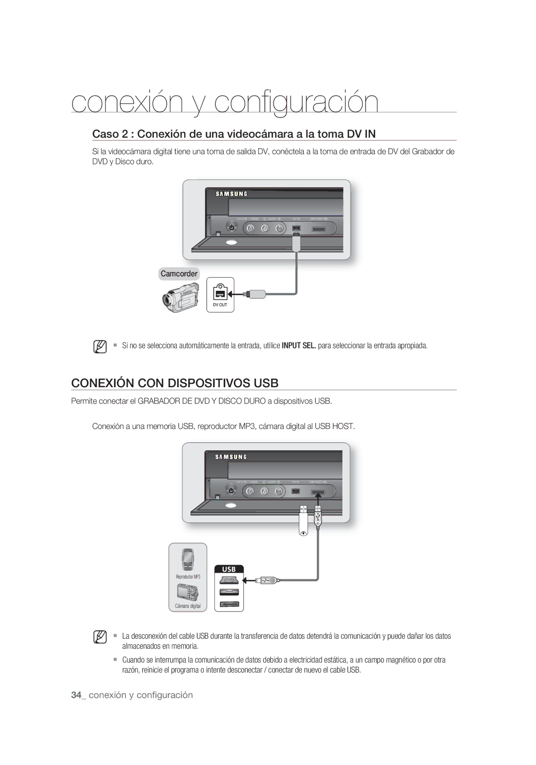 Samsung DVD-SH875/XEC, DVD-SH873/XEF manual Conexión CON Dispositivos USB, Caso 2 Conexión de una videocámara a la toma DV 