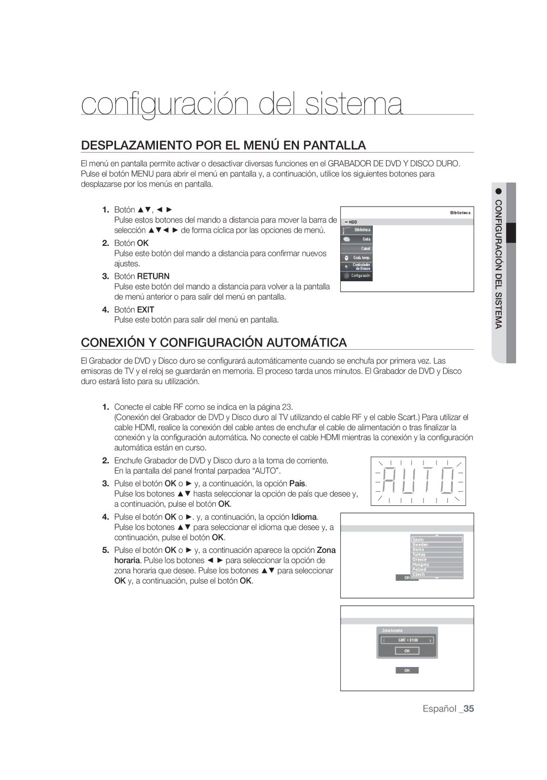 Samsung DVD-SH873/XEC, DVD-SH873/XEF manual Desplazamiento POR EL Menú EN Pantalla, Conexión Y Configuración Automática 