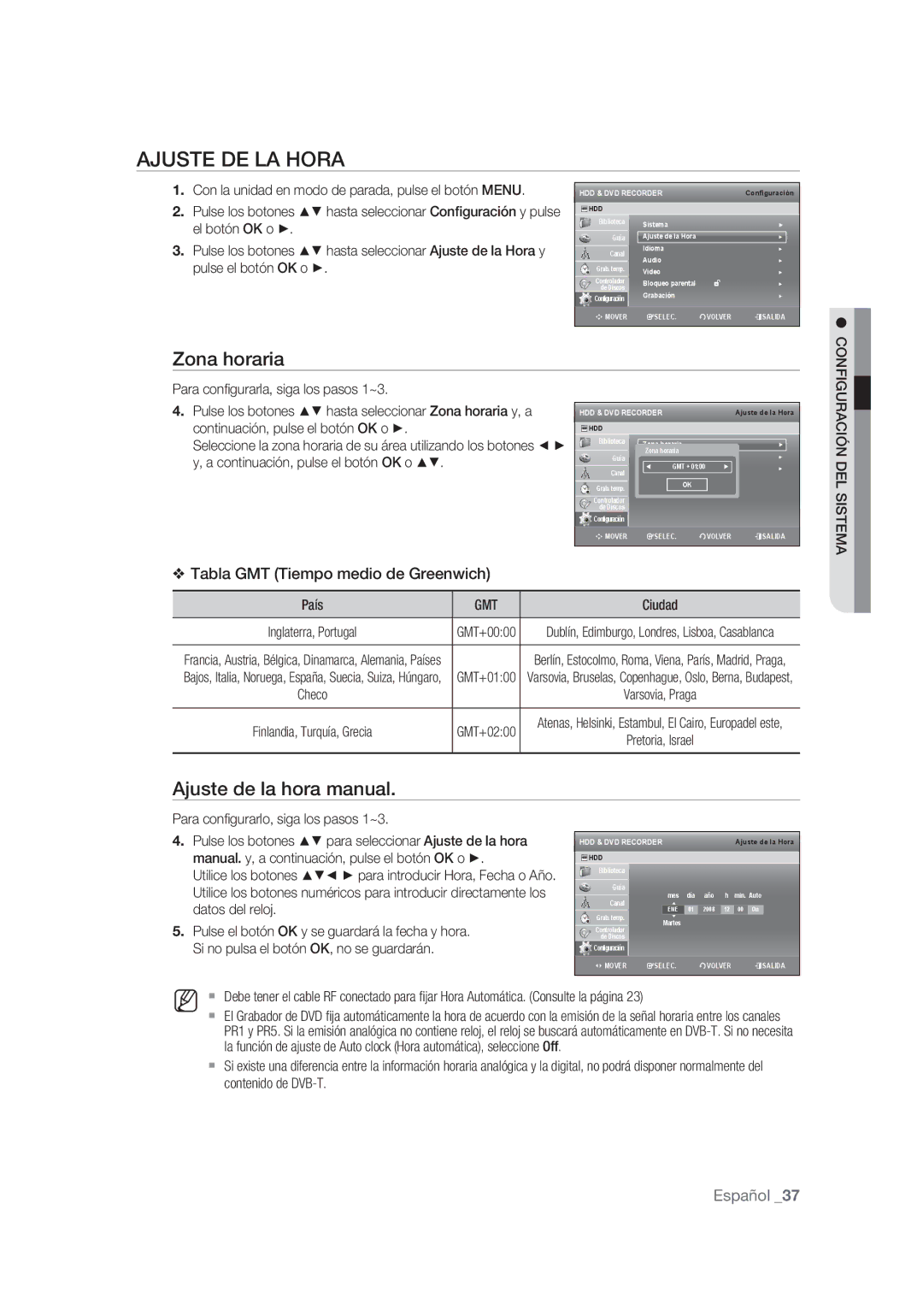 Samsung DVD-SH875/XEC, DVD-SH873/XEF, DVD-SH873/XEC Zona horaria, Ajuste de la hora manual, Gmt 