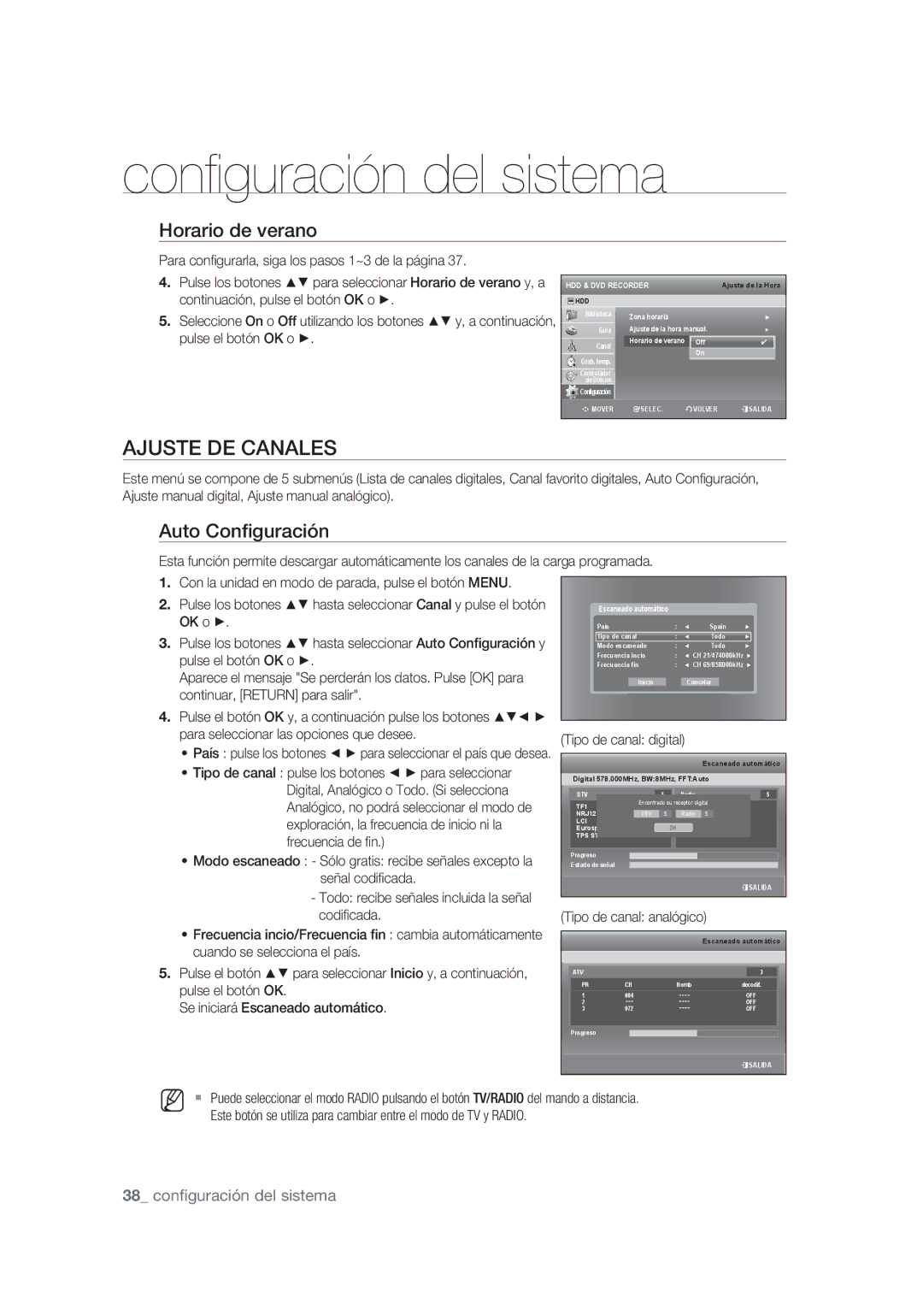 Samsung DVD-SH873/XEC, DVD-SH873/XEF, DVD-SH875/XEC manual Ajuste DE Canales, Horario de verano, Auto Conﬁguración 