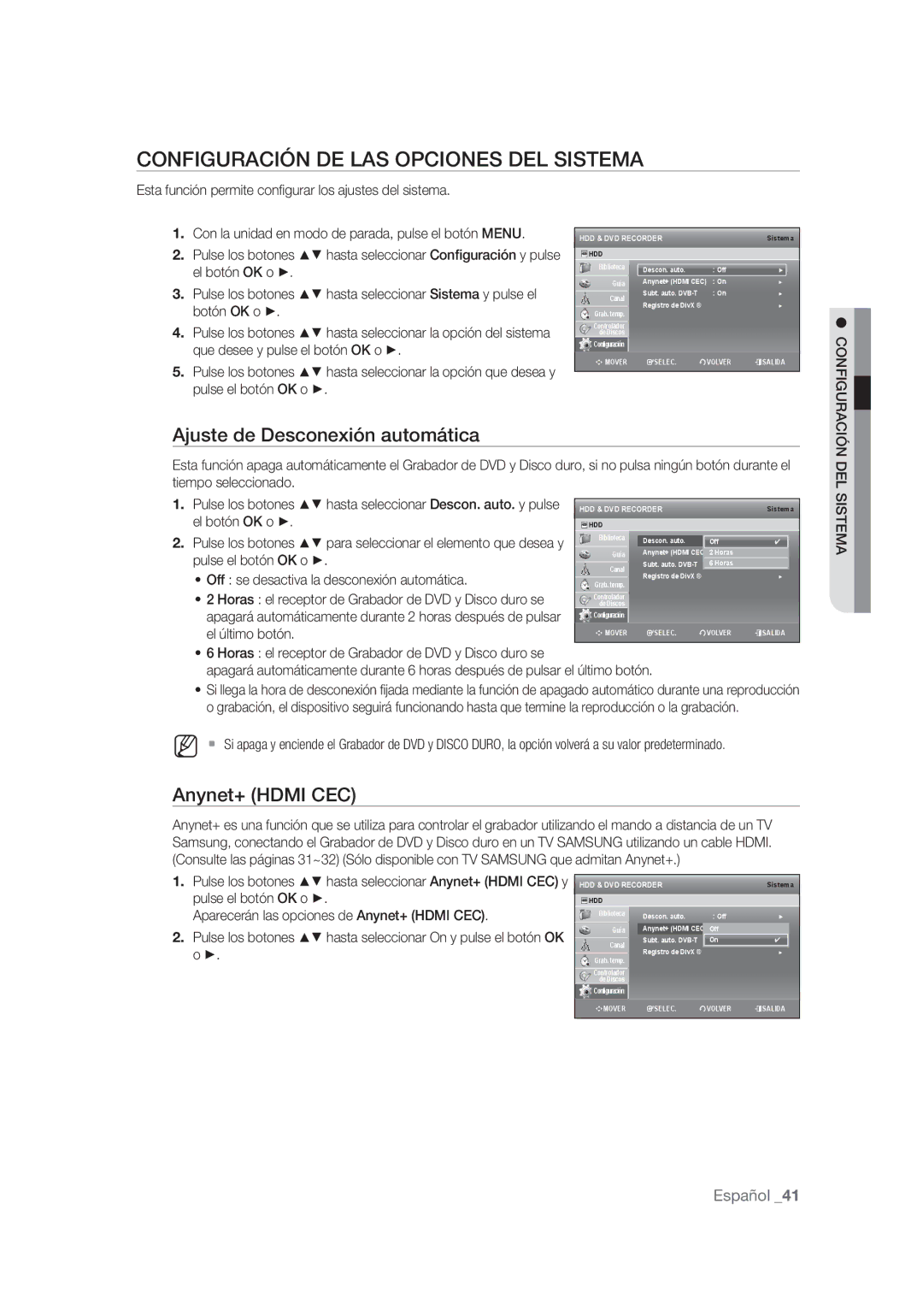 Samsung DVD-SH873/XEC, DVD-SH873/XEF, DVD-SH875/XEC manual Configuración DE LAS Opciones DEL Sistema, Anynet+ Hdmi CEC 