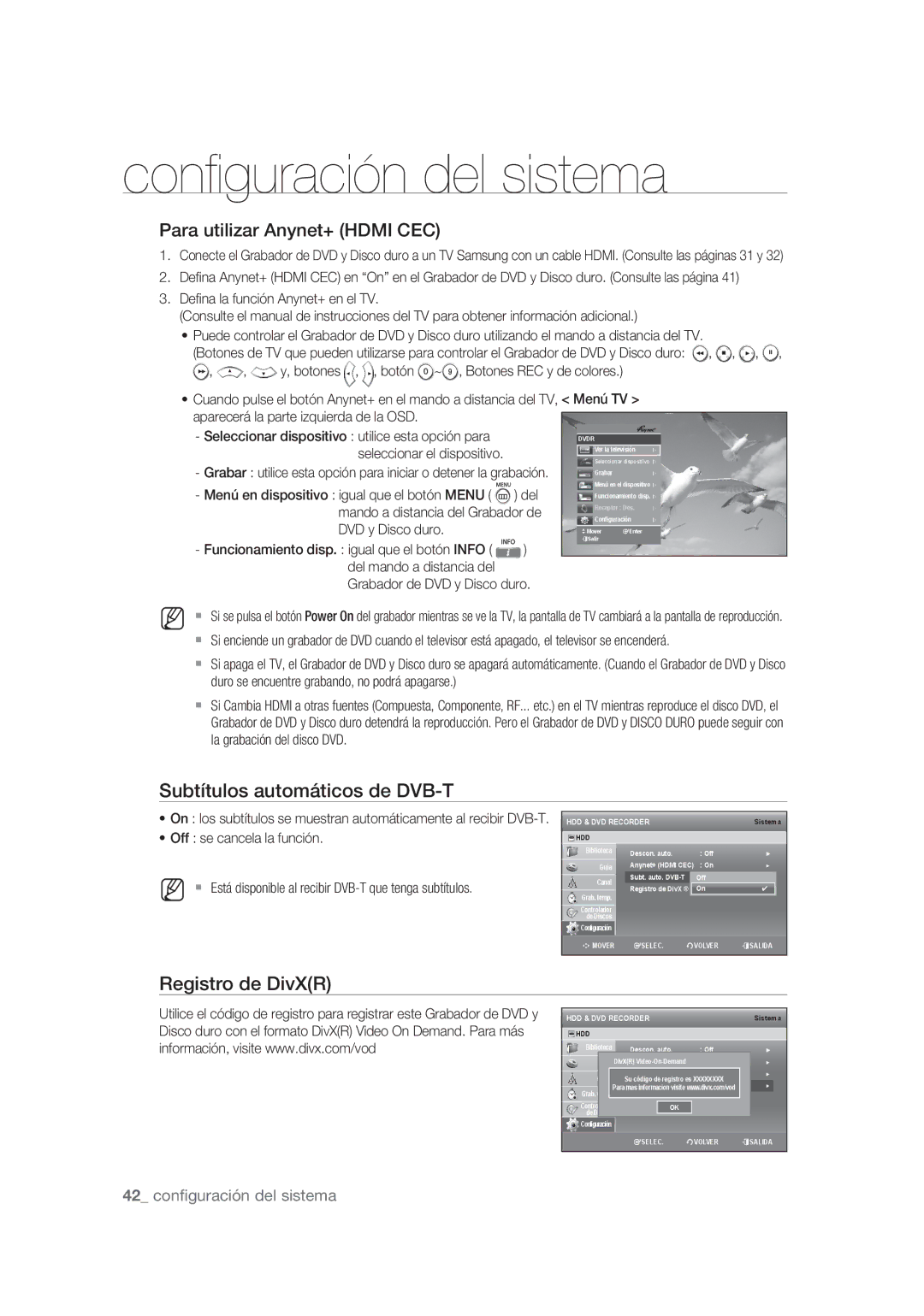 Samsung DVD-SH873/XEF, DVD-SH875/XEC Para utilizar Anynet+ Hdmi CEC, Subtítulos automáticos de DVB-T, Registro de DivXR 