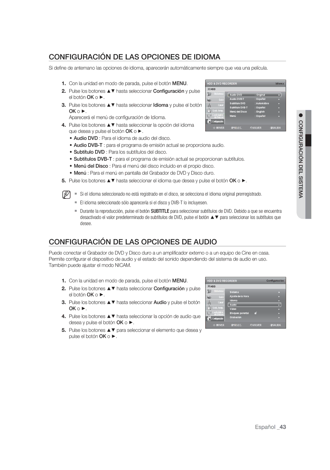 Samsung DVD-SH875/XEC, DVD-SH873/XEF manual Configuración DE LAS Opciones DE Idioma, Configuración DE LAS Opciones DE Audio 