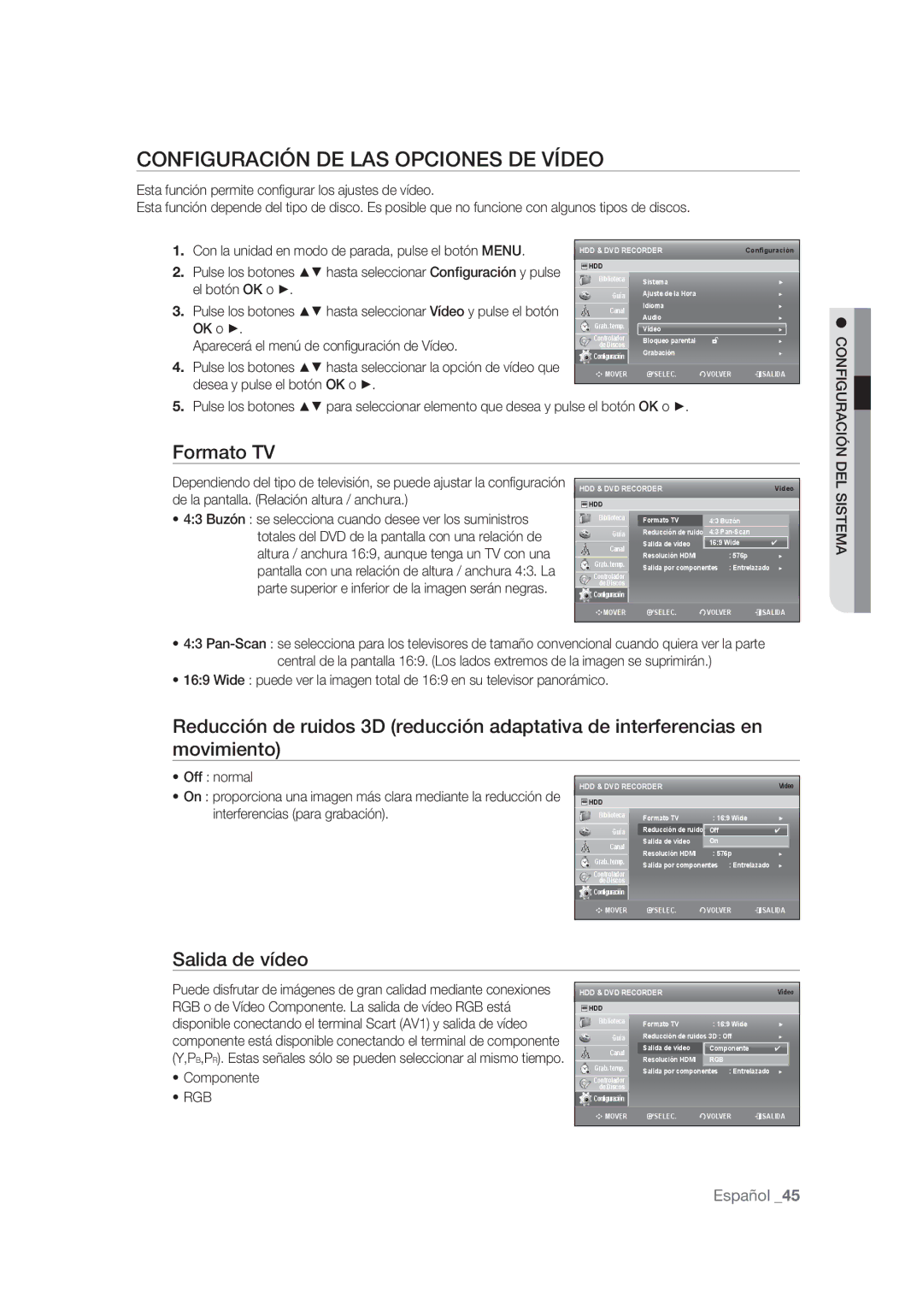 Samsung DVD-SH873/XEF Configuración DE LAS Opciones DE Vídeo, Formato TV, Salida de vídeo, Desea y pulse el botón OK o 