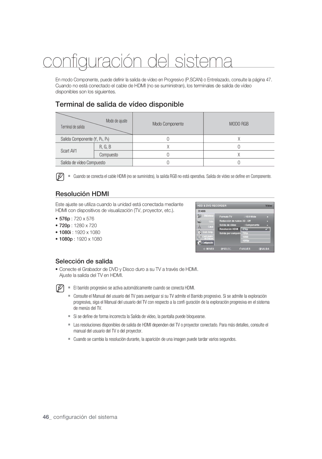 Samsung DVD-SH875/XEC, DVD-SH873/XEF manual Resolución Hdmi, Selección de salida, Modo de ajuste, Terminal de salida 