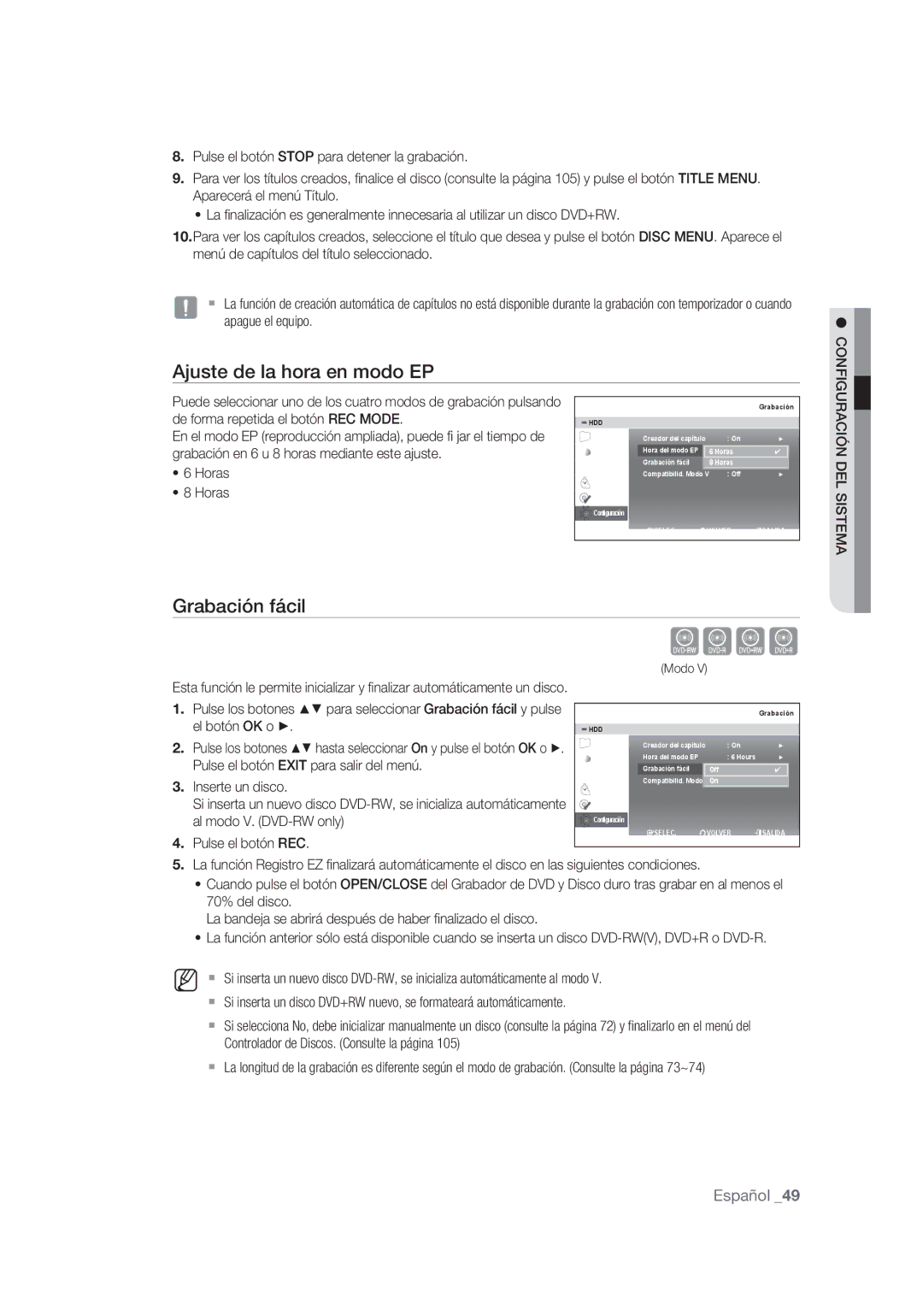 Samsung DVD-SH875/XEC manual Ajuste de la hora en modo EP, Grabación fácil, De forma repetida el botón REC Mode, Horas 