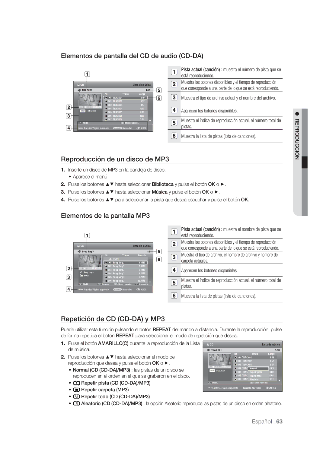 Samsung DVD-SH873/XEF, DVD-SH875/XEC manual Elementos de pantalla del CD de audio CD-DA, Reproducción de un disco de MP3 