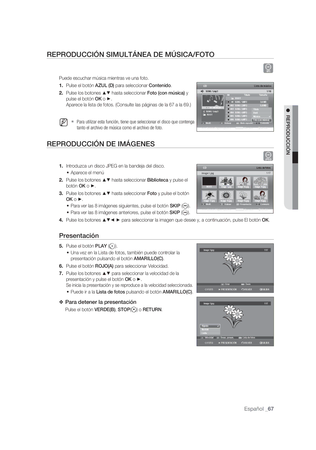 Samsung DVD-SH875/XEC Reproducción Simultánea DE MÚSICA/FOTO, Reproducción DE Imágenes, Presentación, Aparece el menú 