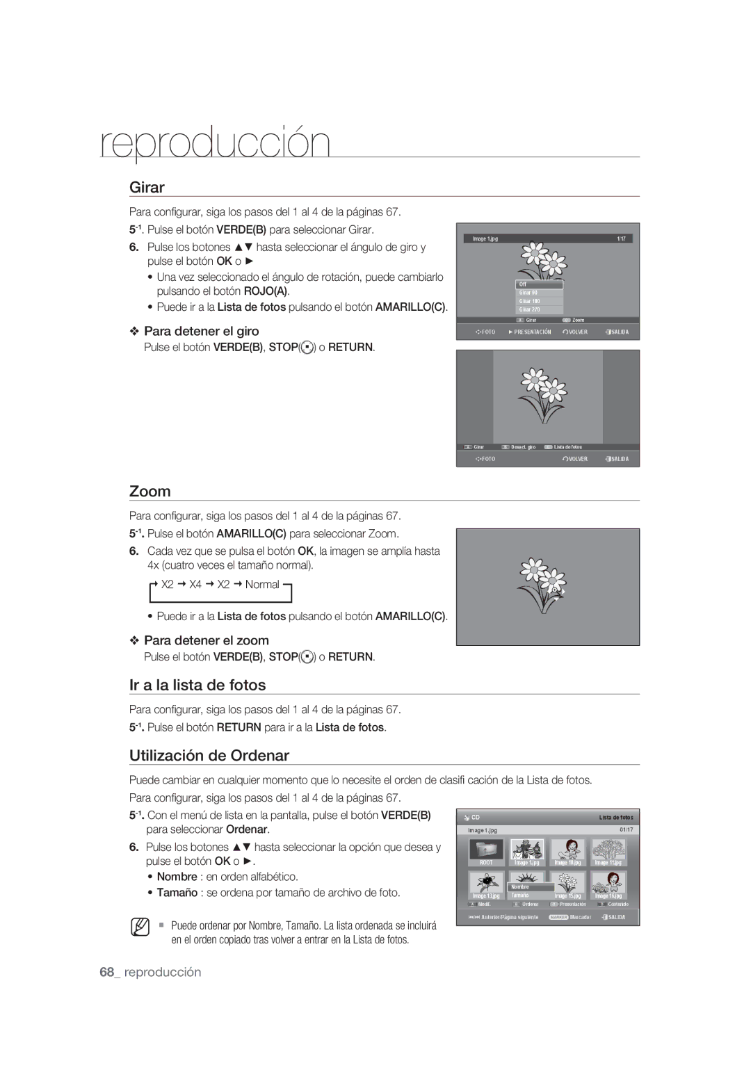 Samsung DVD-SH873/XEC Girar, Zoom, Para conﬁ gurar, siga los pasos del 1 al 4 de la páginas, Para seleccionar Ordenar 