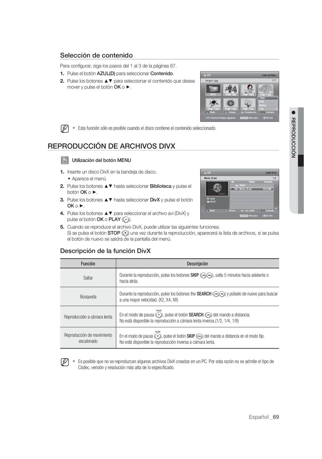 Samsung DVD-SH873/XEF, DVD-SH875/XEC, DVD-SH873/XEC manual Descripción de la función DivX, Utilización del botón Menu 