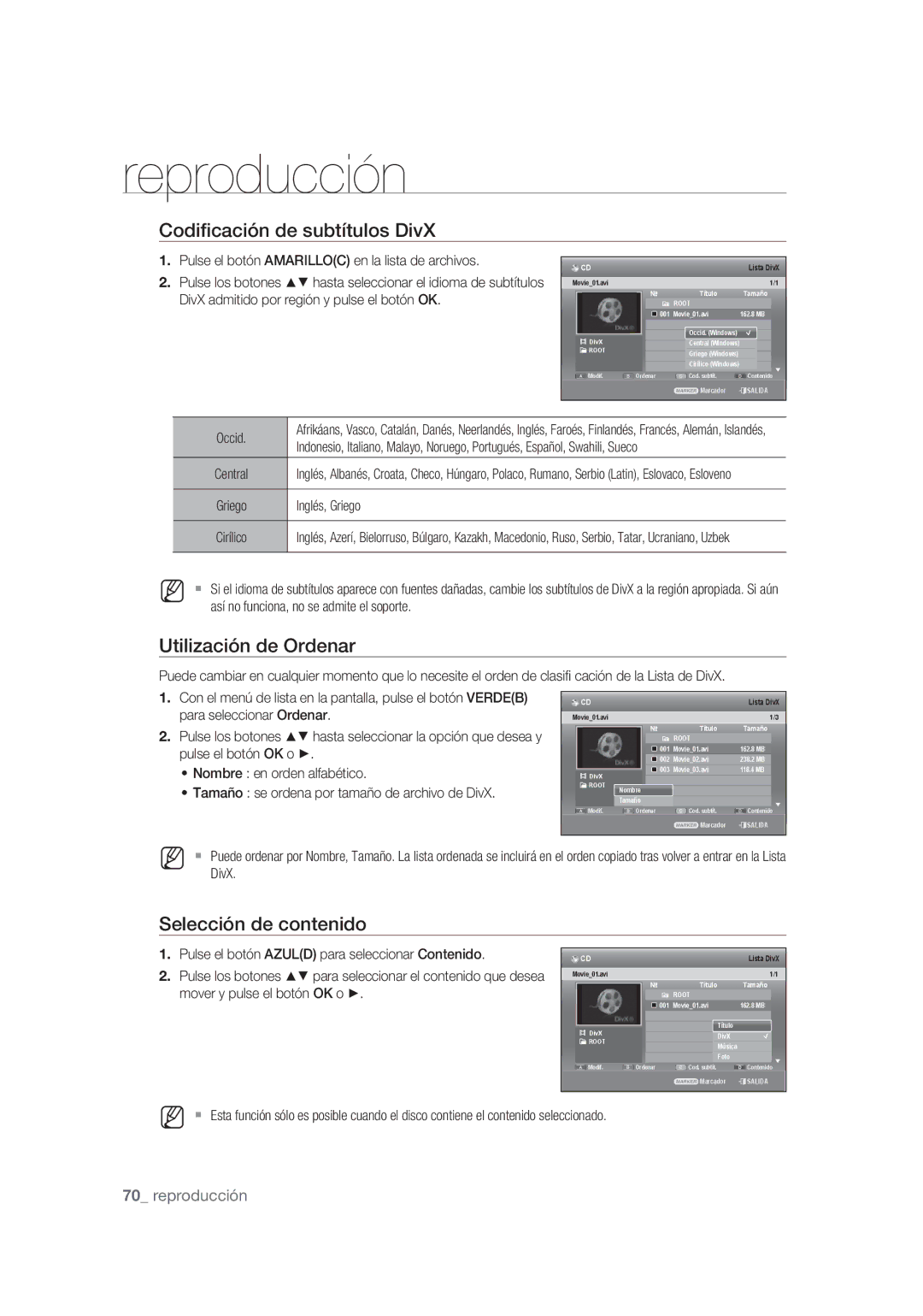 Samsung DVD-SH875/XEC, DVD-SH873/XEF manual Codiﬁcación de subtítulos DivX, Pulse el botón Amarilloc en la lista de archivos 